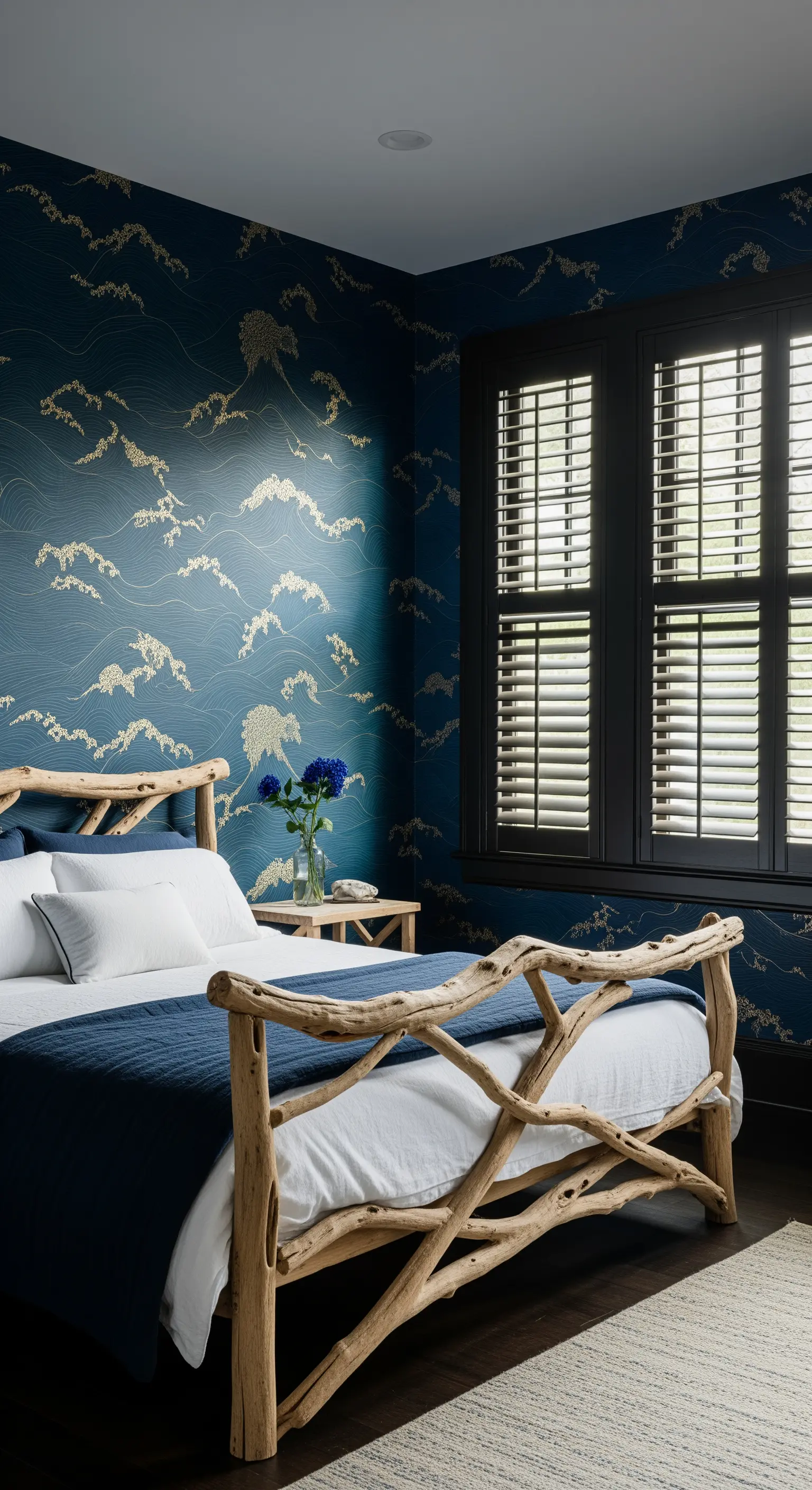 Blaue Tapete mit goldenen Wellen und rustikales Holzbett