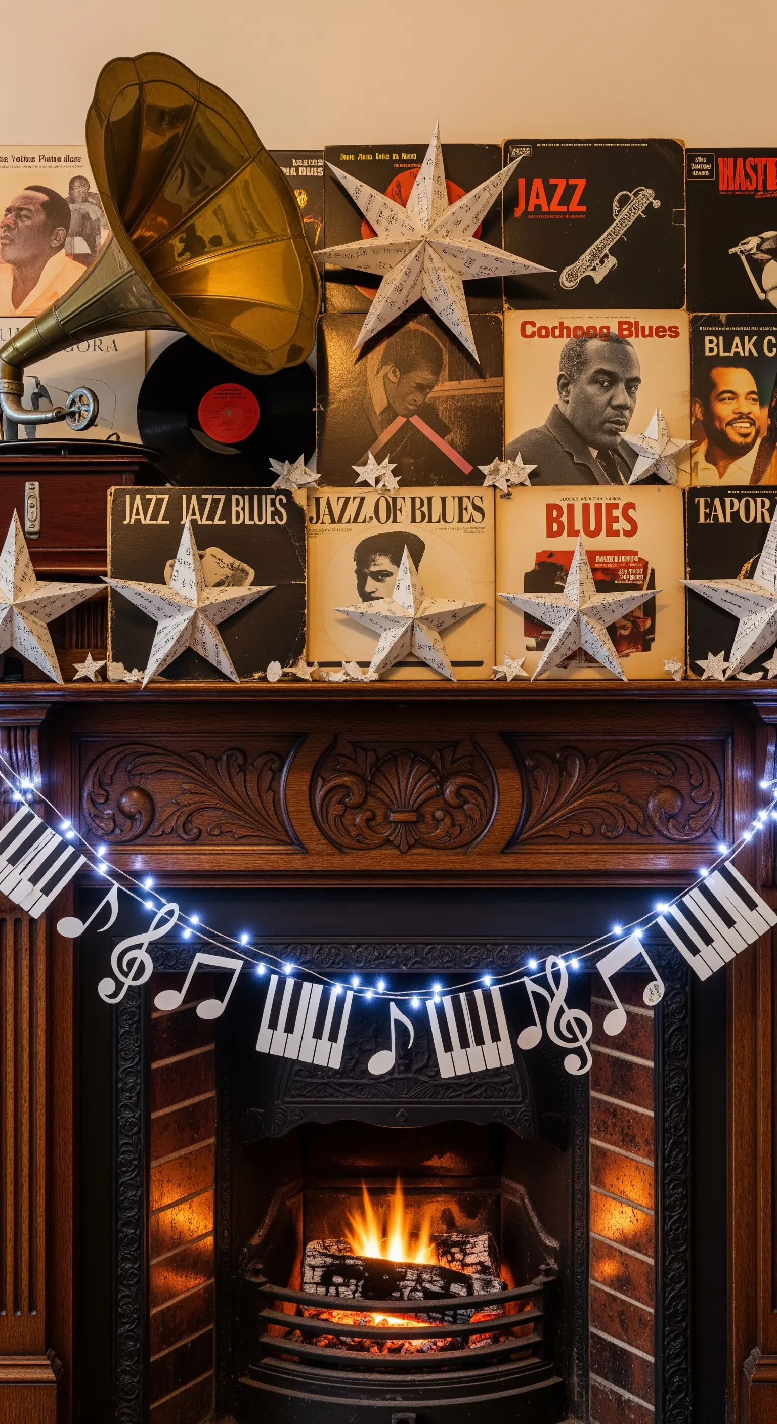 Kamin mit Schallplatten, Grammophon und Musiknoten-Deko