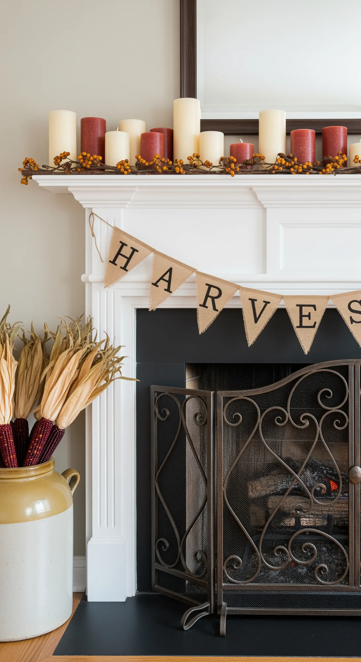 Weißer Kamin mit Harvest-Banner und Maisbündeln
