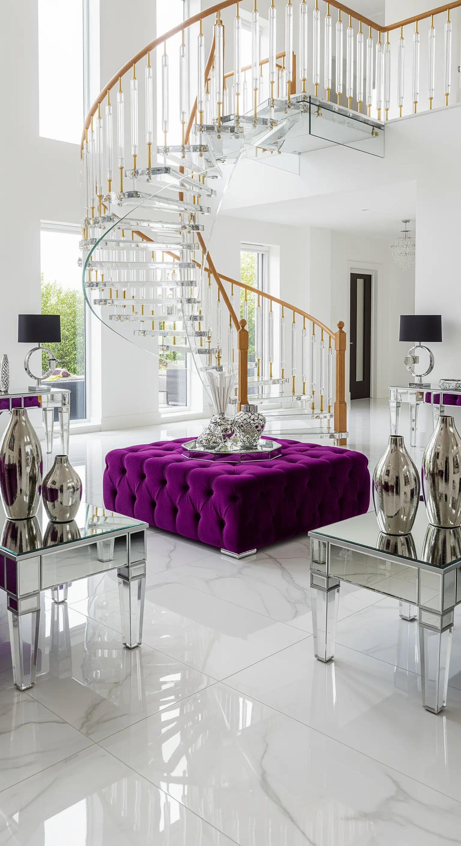 Violetter Samt-Ottomane in weißem Raum mit Glastreppe