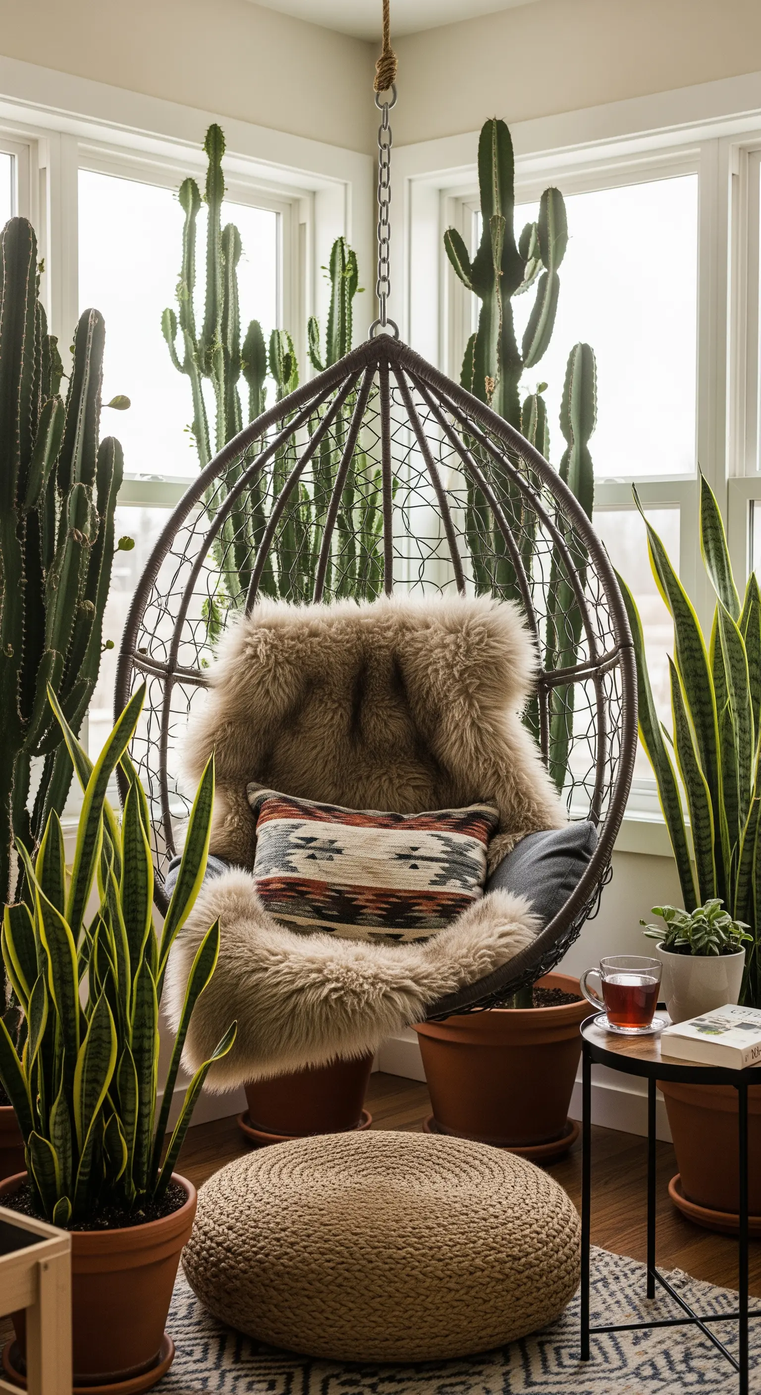 Hängesessel am Fenster umgeben von großen Kakteen