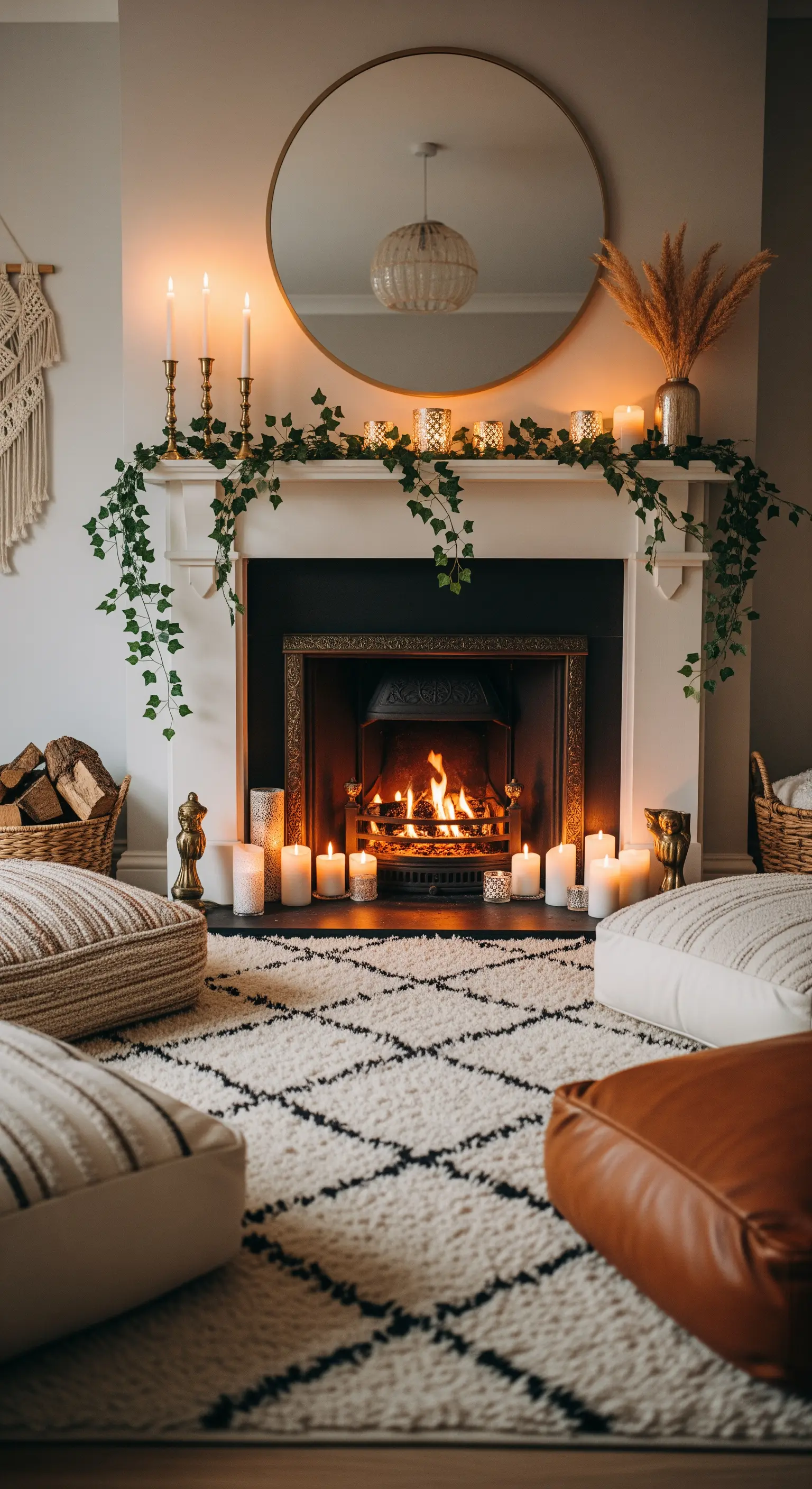 Kamin mit vielen Kerzen, Efeuranken und Bodenkissen