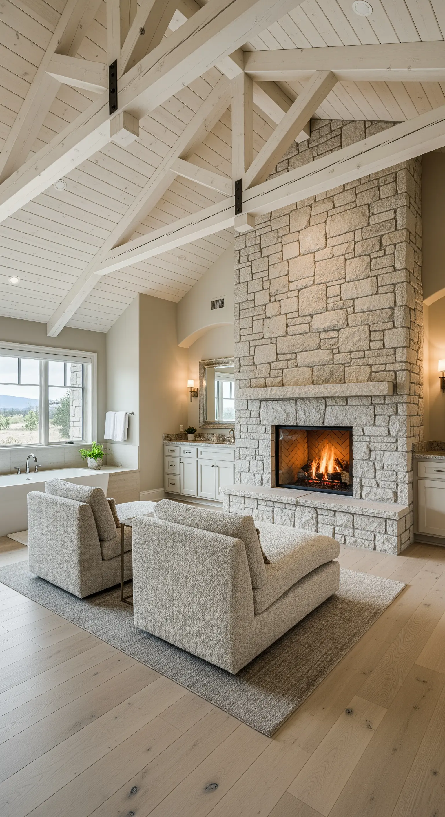 Badezimmer Lounge-Bereich mit Natursteinkamin und Sesseln