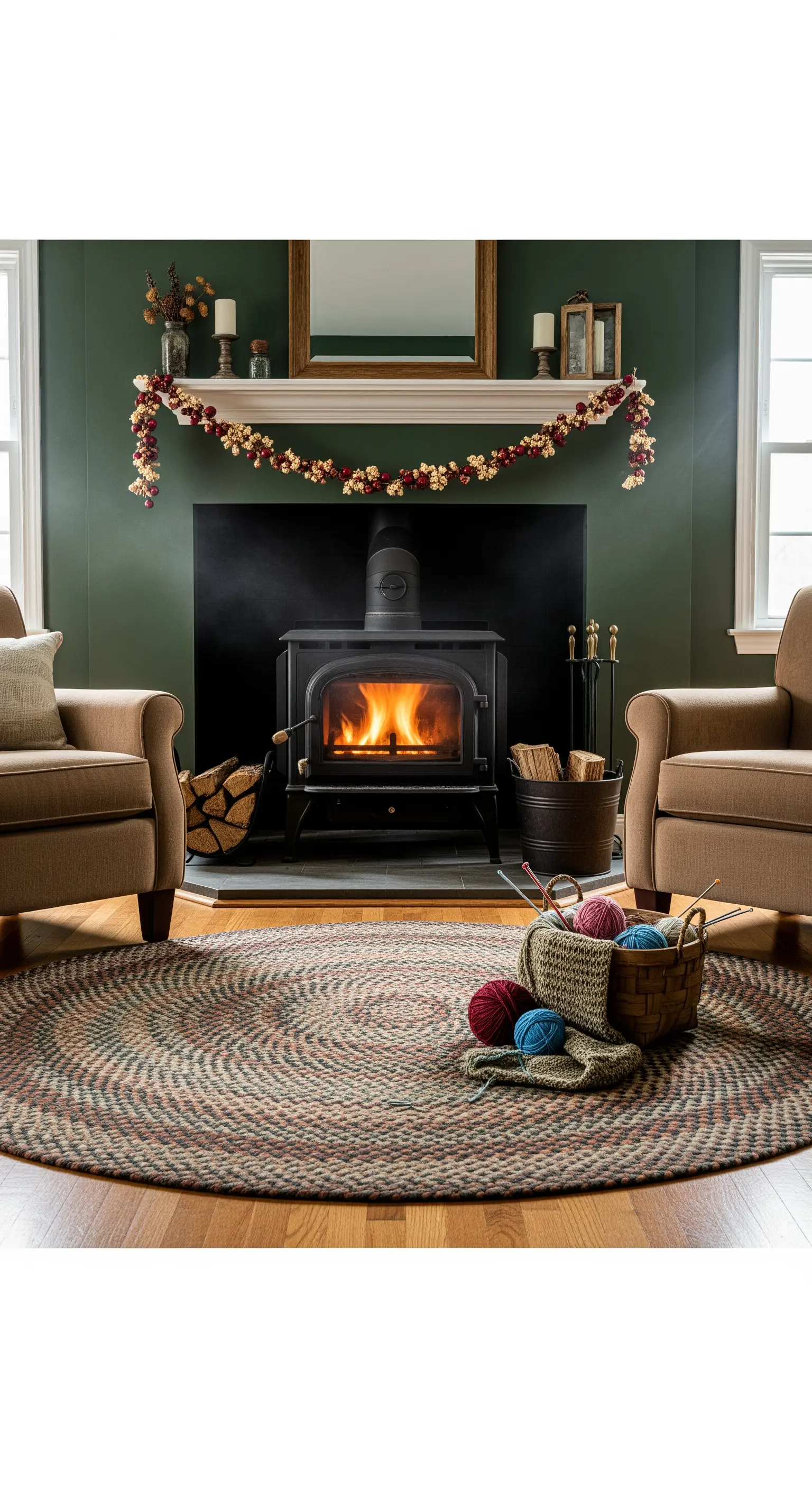 Wollkorb und Strickzeug vor brennendem Kamin
