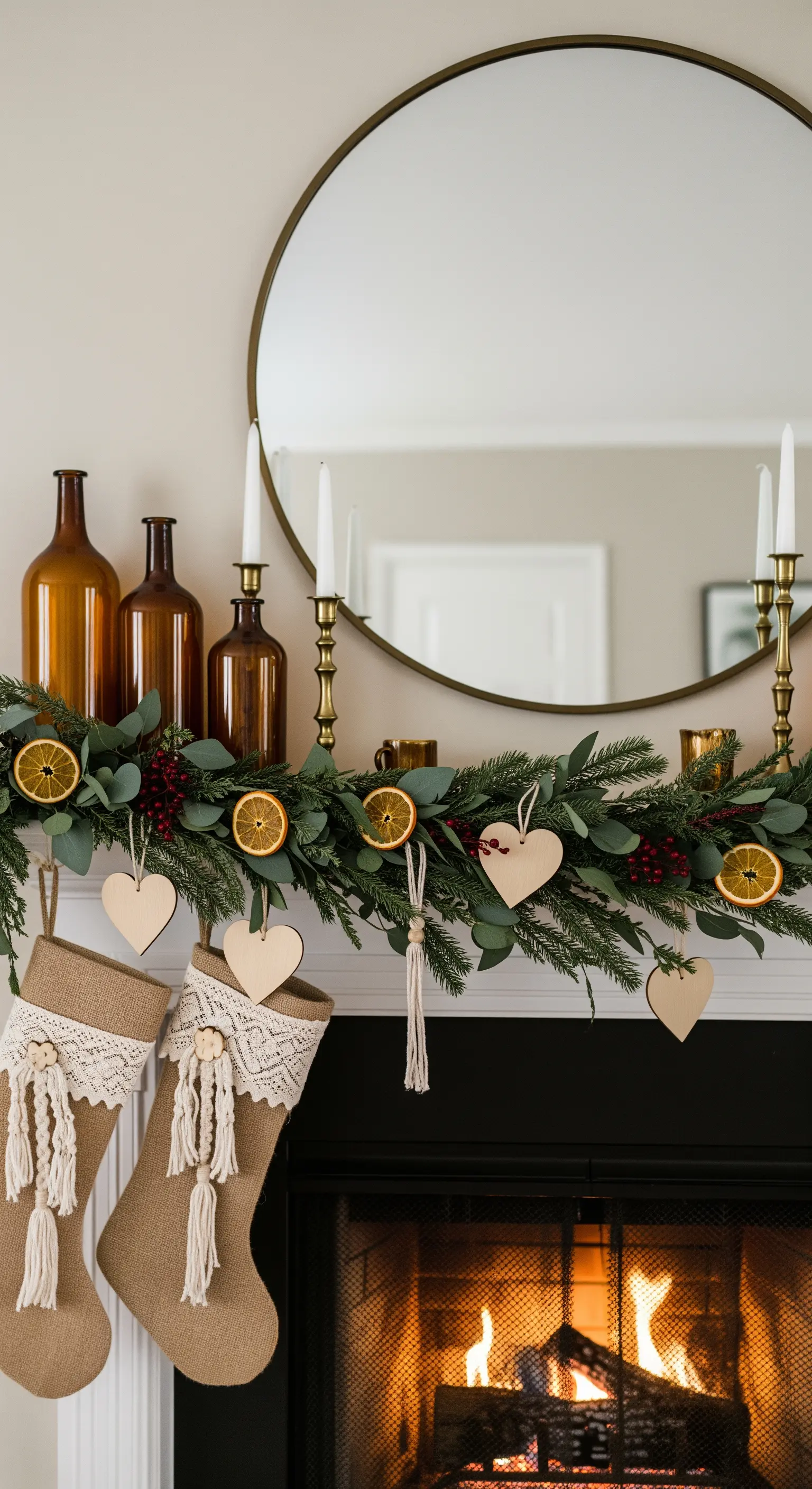 Kaminsims dekoriert mit braunen Flaschen, Girlande und Holzherzen