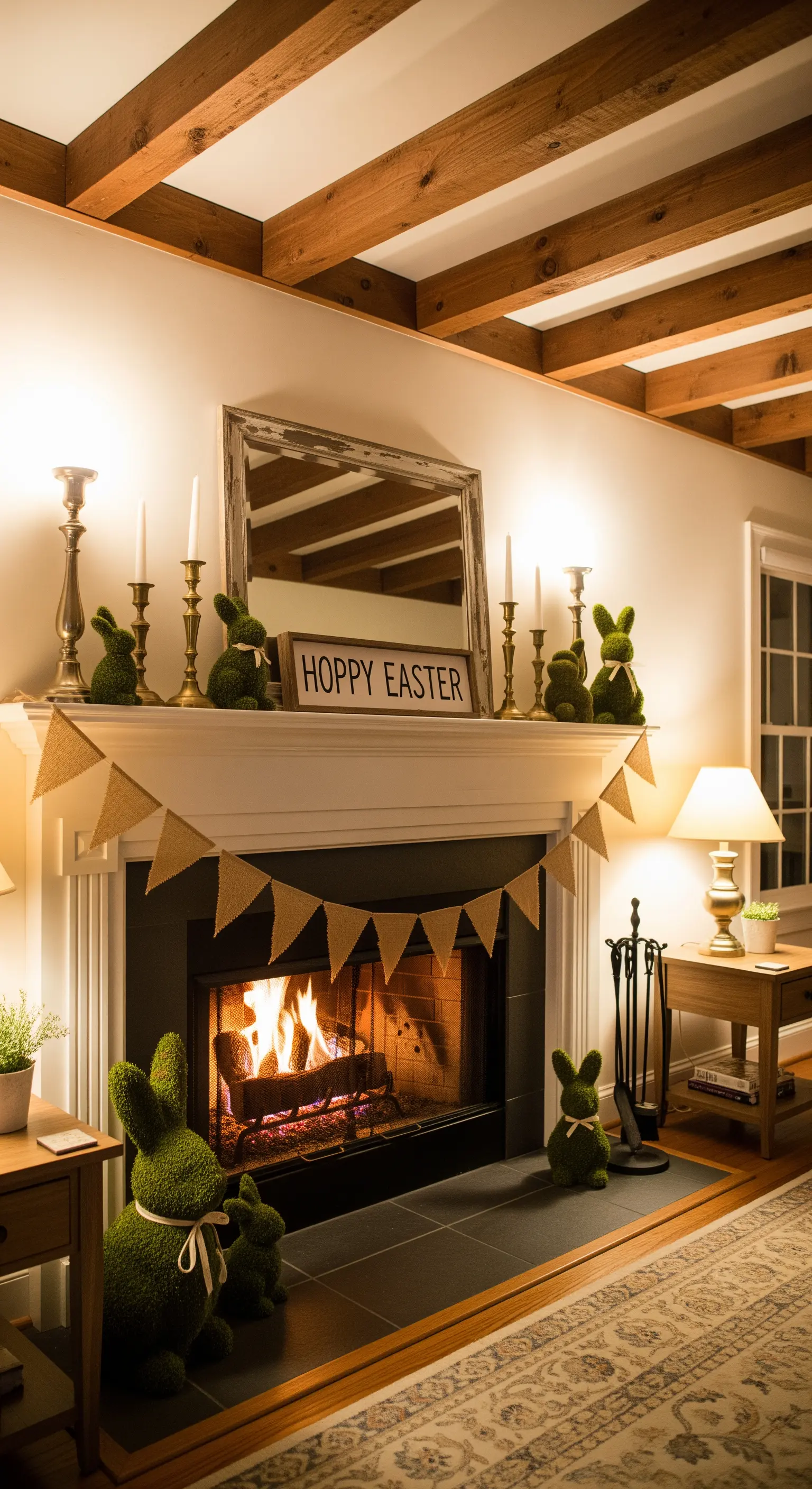 Kaminims mit Mooshasen, Jute-Girlande und Kerzenständern