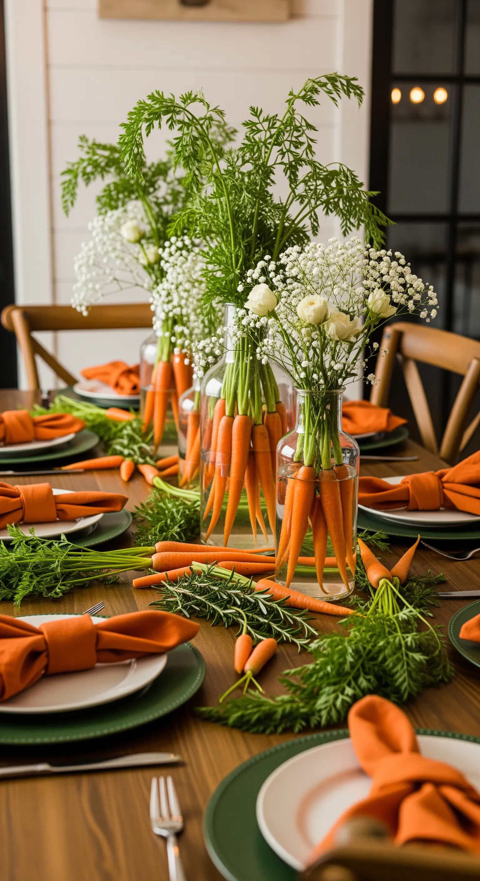 Tischdeko mit frischen Karotten samt Grün in Vasen und orangefarbenen Servietten