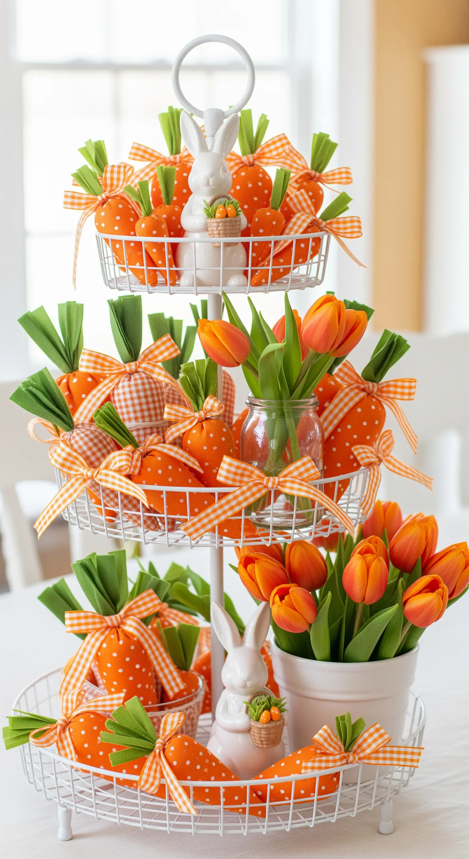 Draht-Etagere voll mit Stoffkarotten und Tulpen