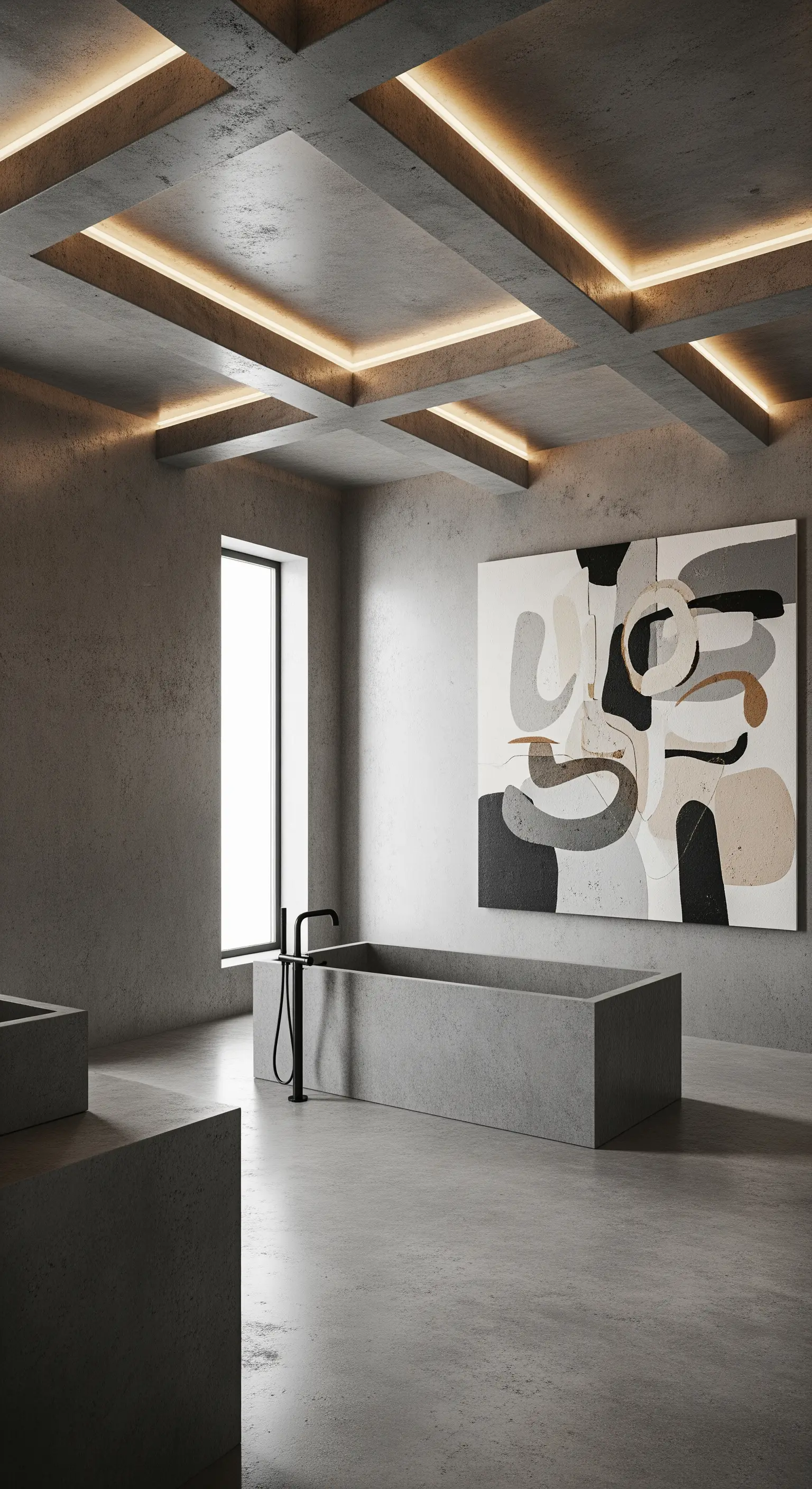 Betonbadezimmer mit Kassetten-Decke und integrierten Lichtstreifen