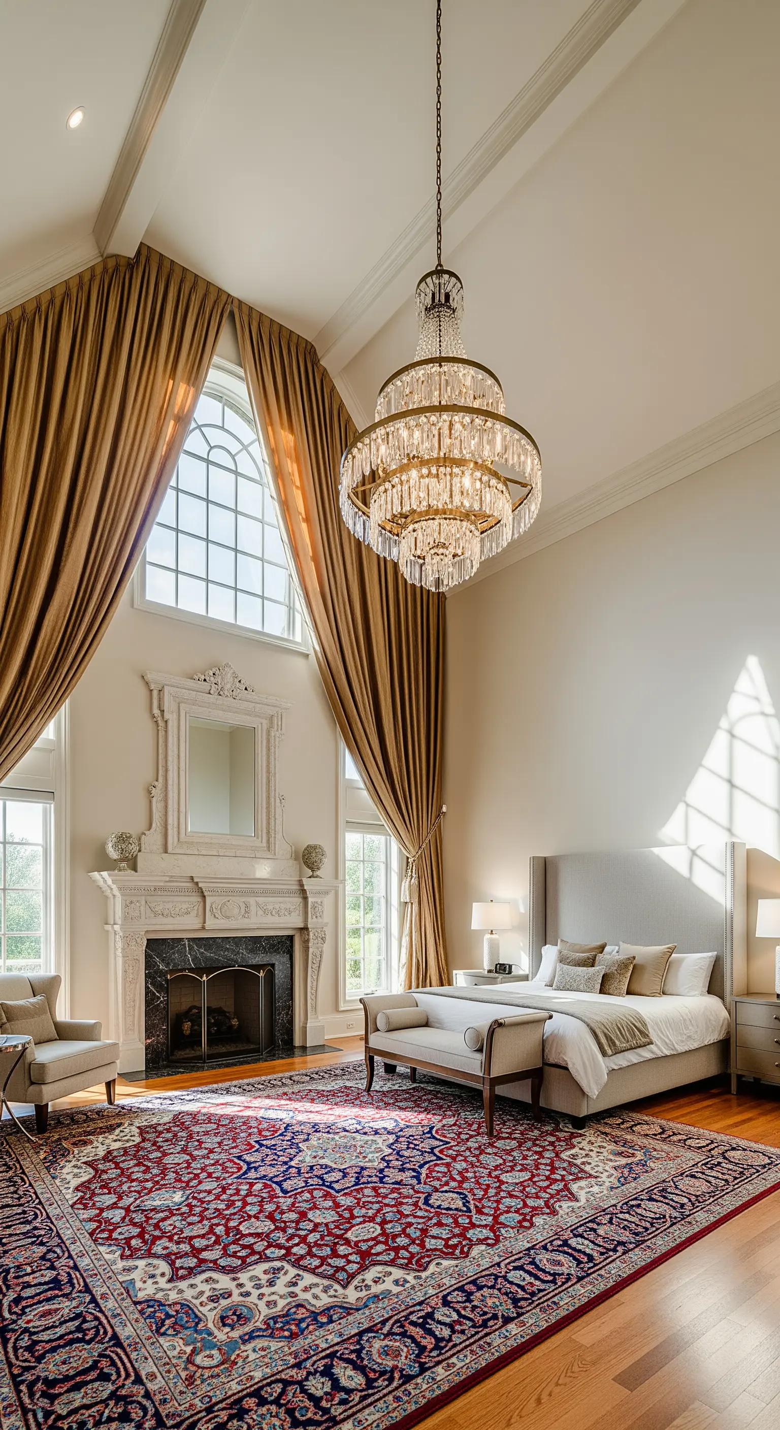 Riesige goldene Vorhänge in hohem Giebelzimmer