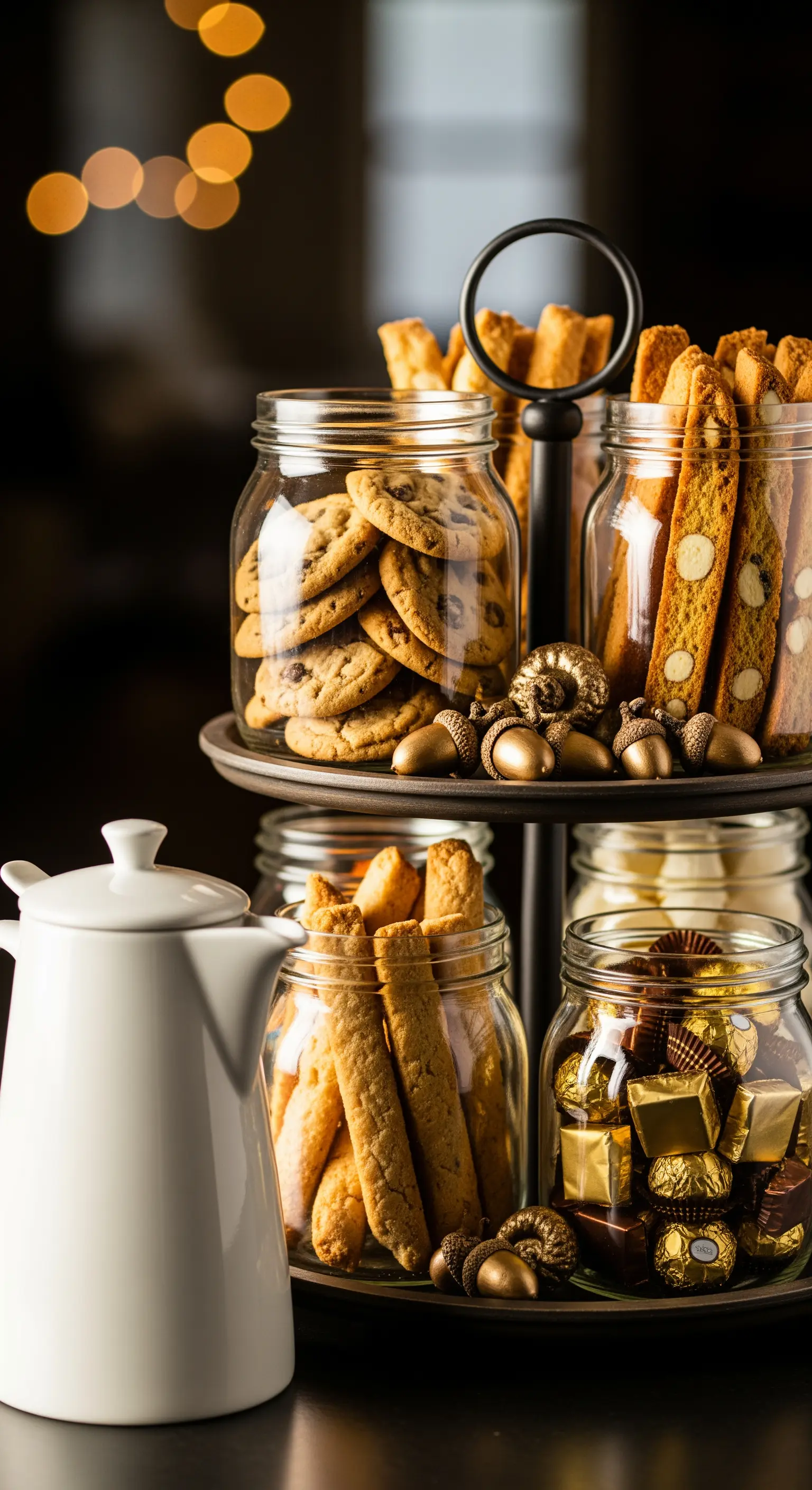 Etagere mit Keksgläsern, goldenen Pralinen und weißer Kaffeekanne