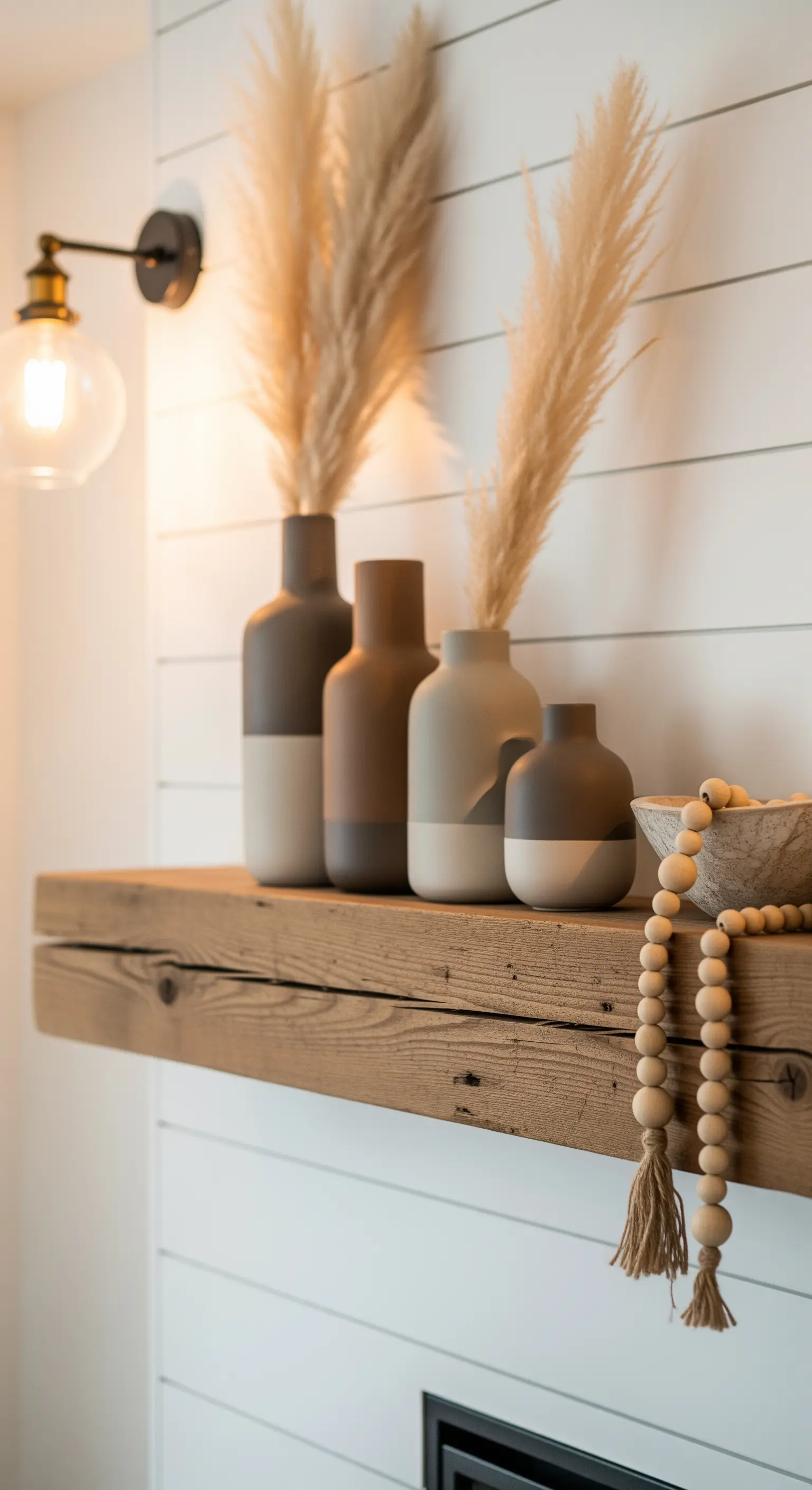 Erdtöne-Keramikvasen mit Pampasgras auf Holzbalken-Sims