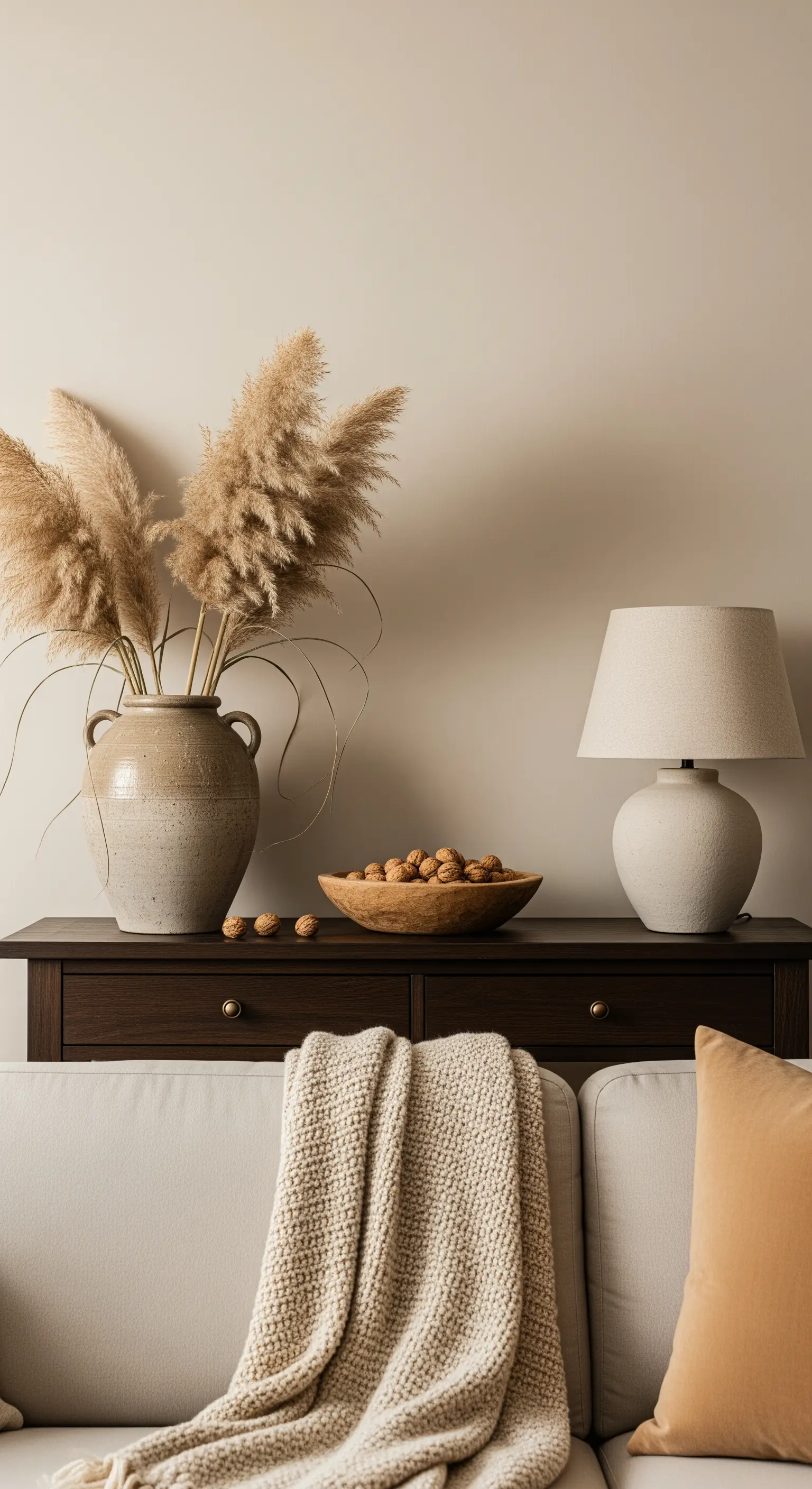 Keramikvase und Nussschale auf Sideboard