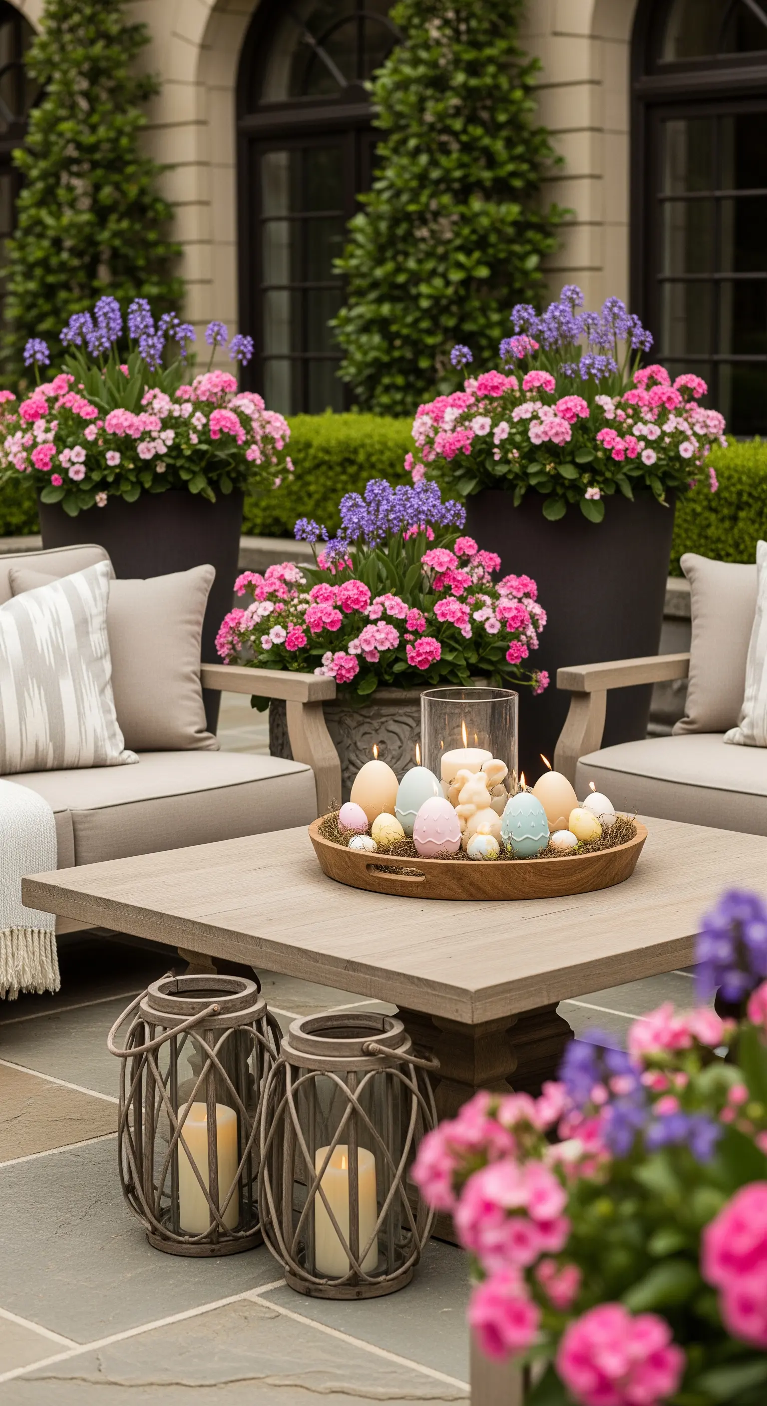 Lounge-Tisch mit Kerzentablett und rosa Blumen