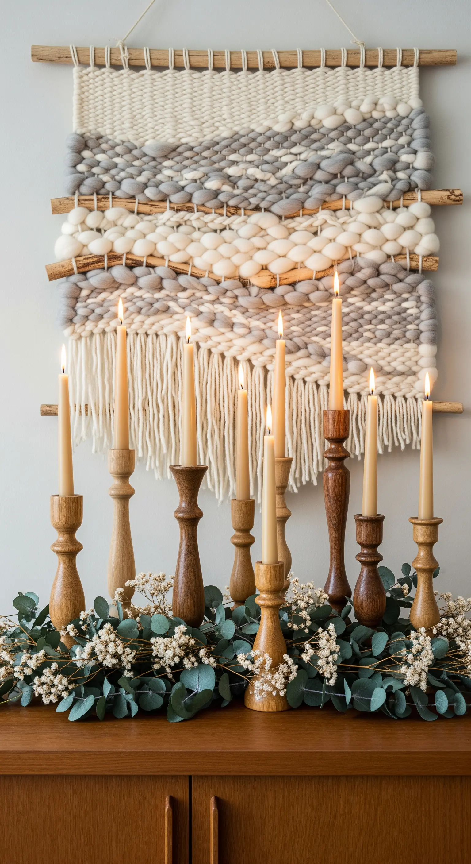 Gruppe von Holzkerzenhaltern vor gewebtem Wandbehang