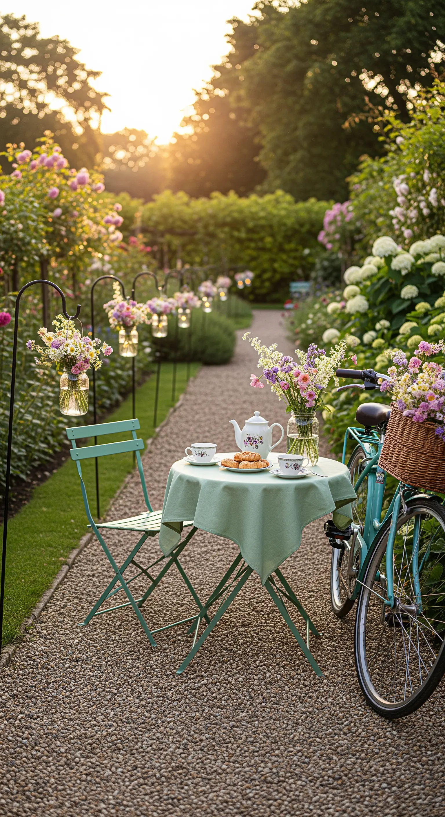Kleiner gedeckter Tisch auf Kiesweg mit Fahrrad und Blumenkorb