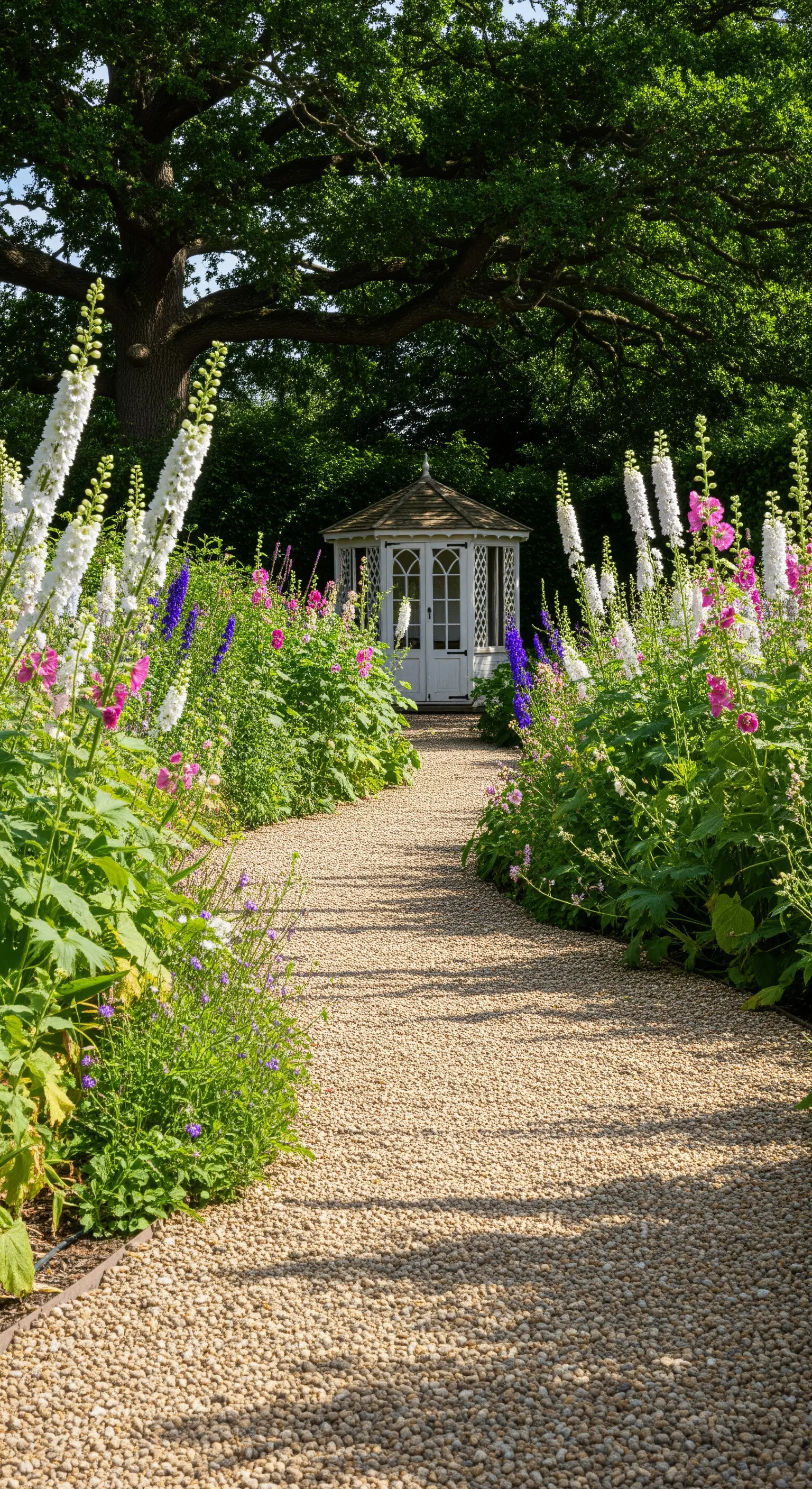Kiesweg gesäumt von weißem Rittersporn