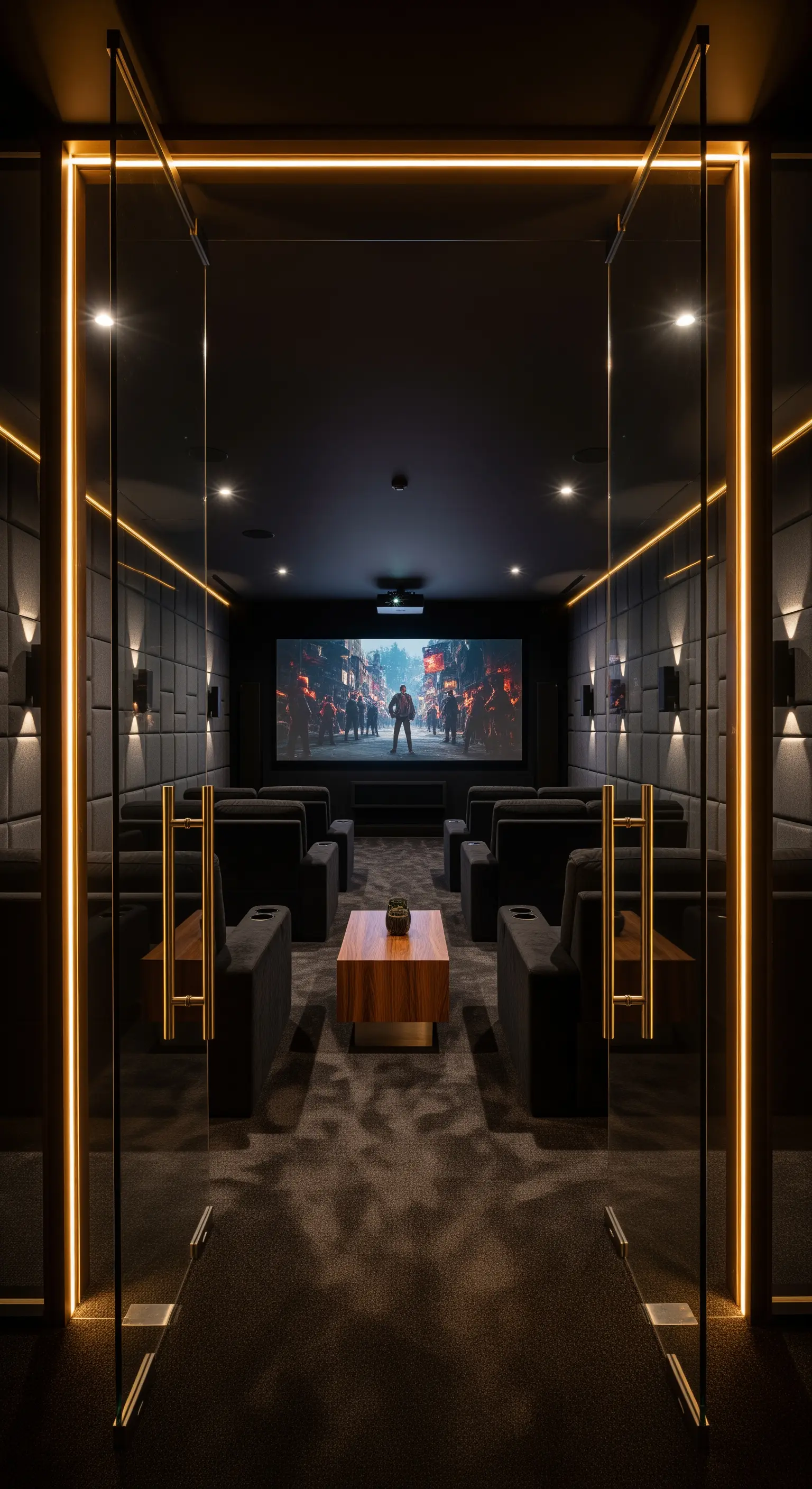 Heimkino mit dunklen Wänden und Goldbeleuchtung