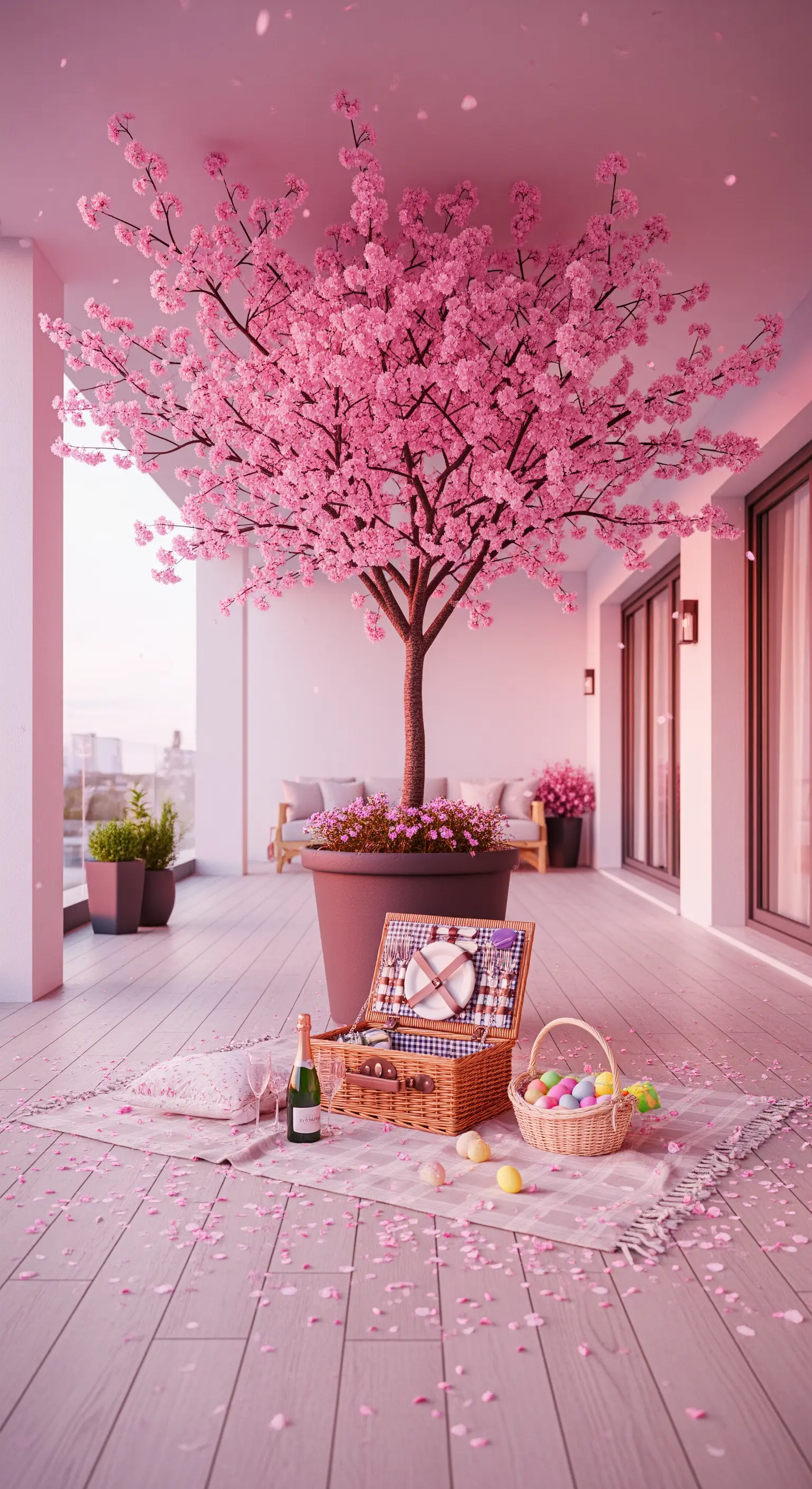 Picknickdecke unter rosa Kirschblütenbaum auf Balkon