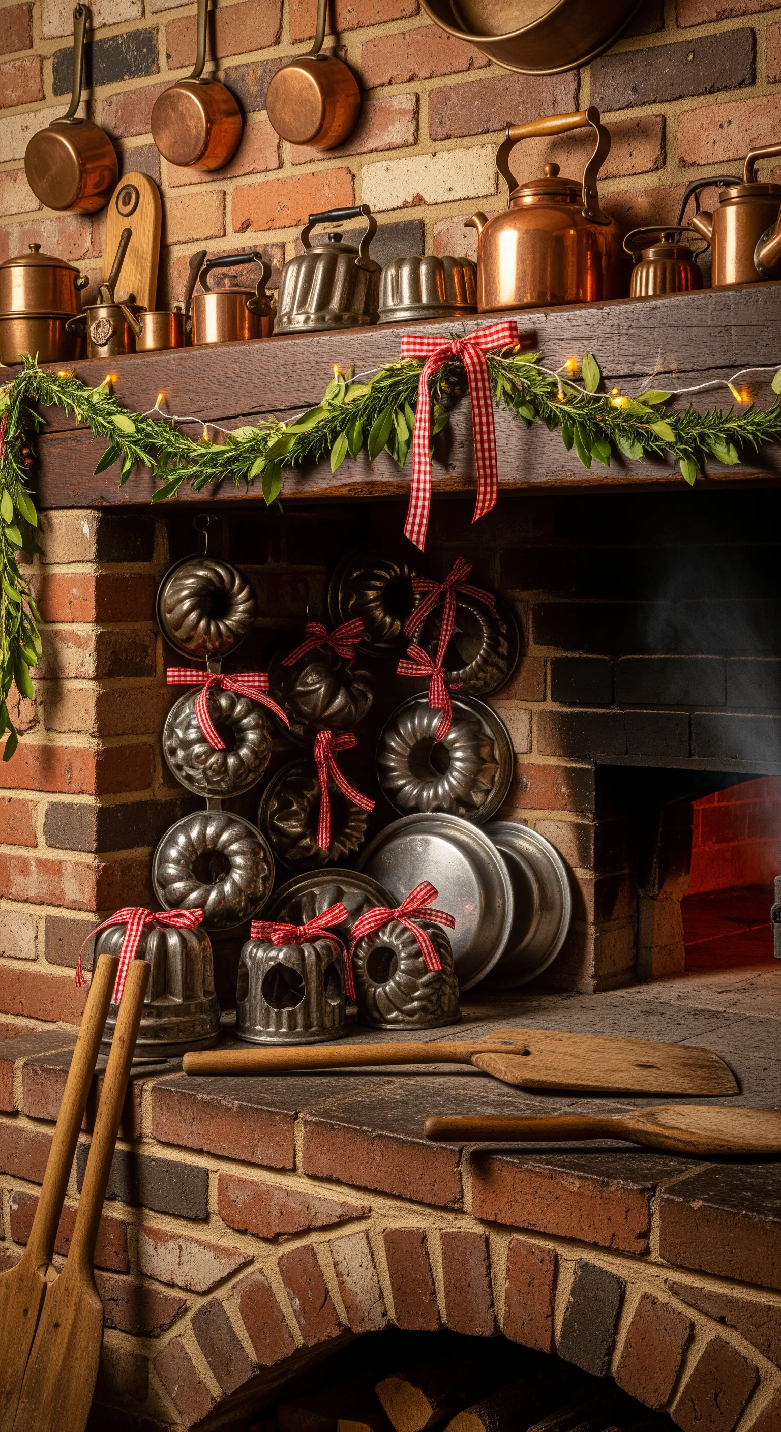 Kamin mit Kupferkesseln und rot-weiß karierten Schleifen
