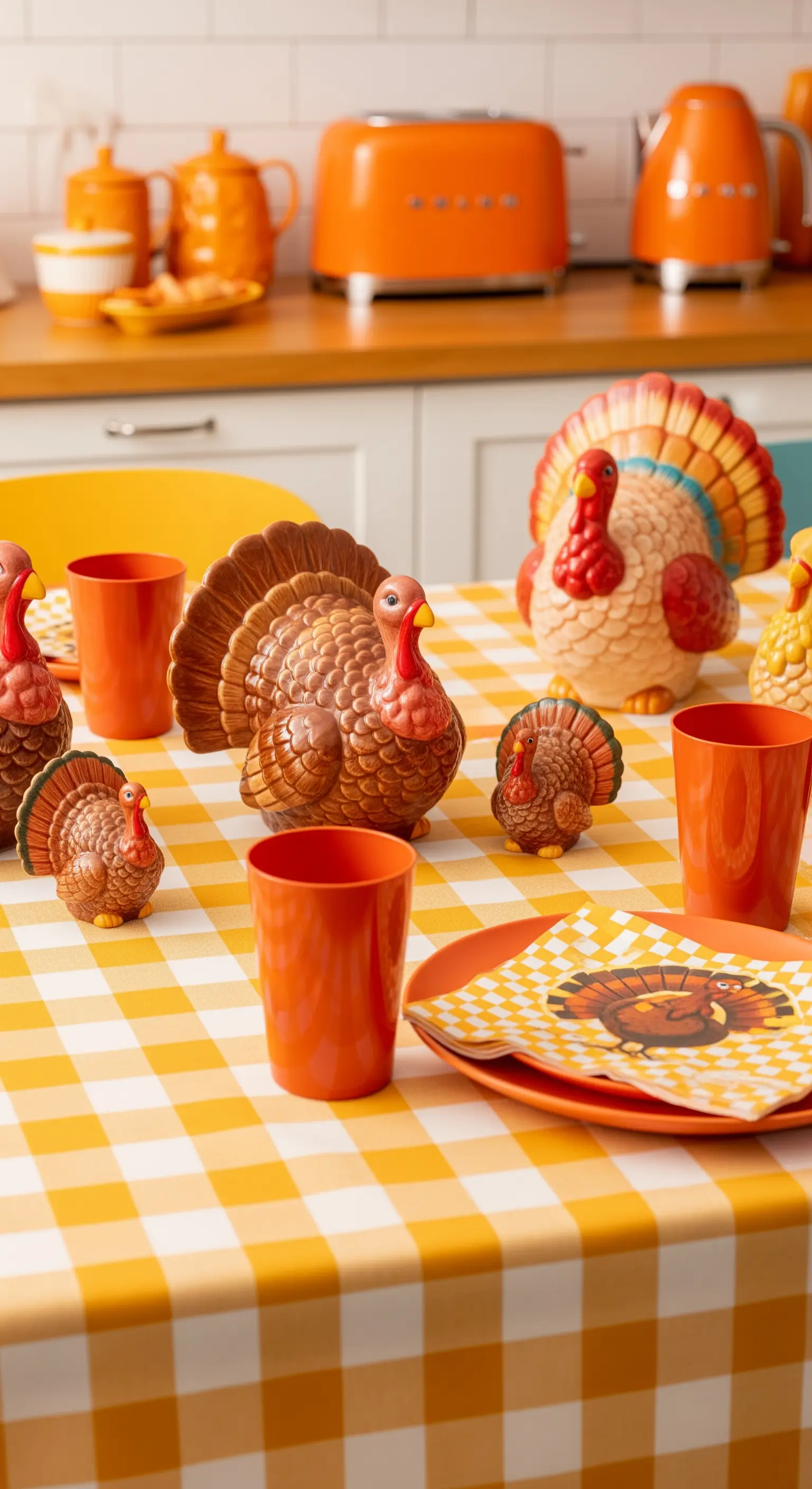 Keramik-Truthahn auf gelb-weiß karierter Tischdecke