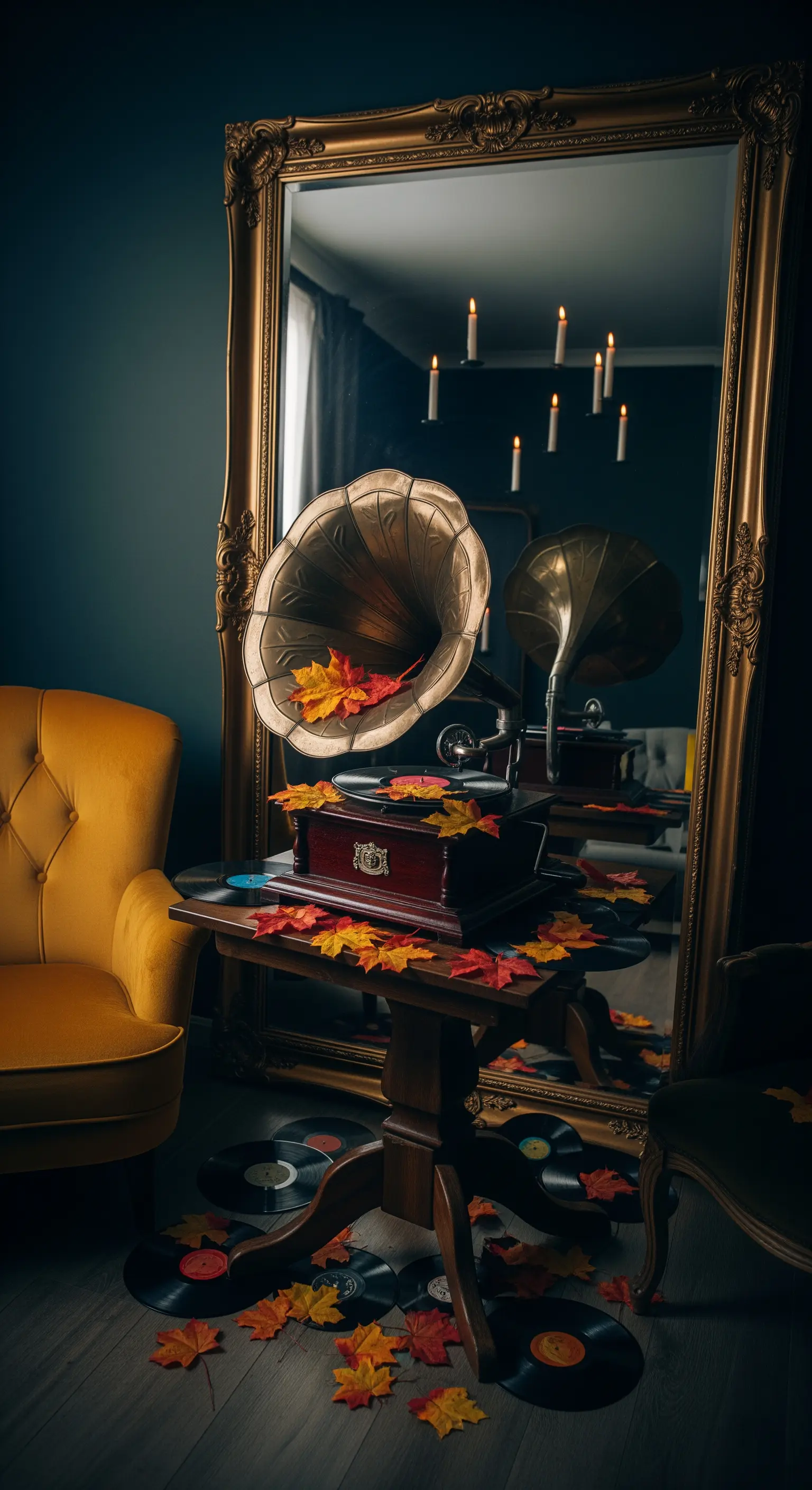 Grammophon mit Herbstblättern dekoriert