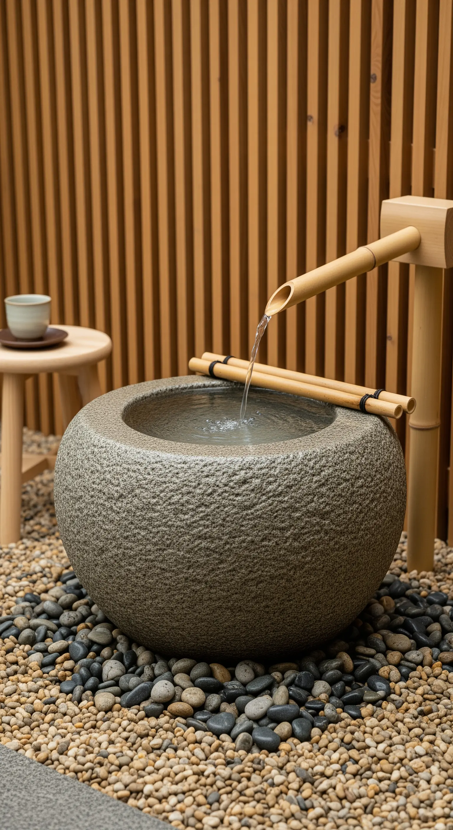 Bambus-Wasserspeier fließt in rundes Steinbecken vor Holzwand