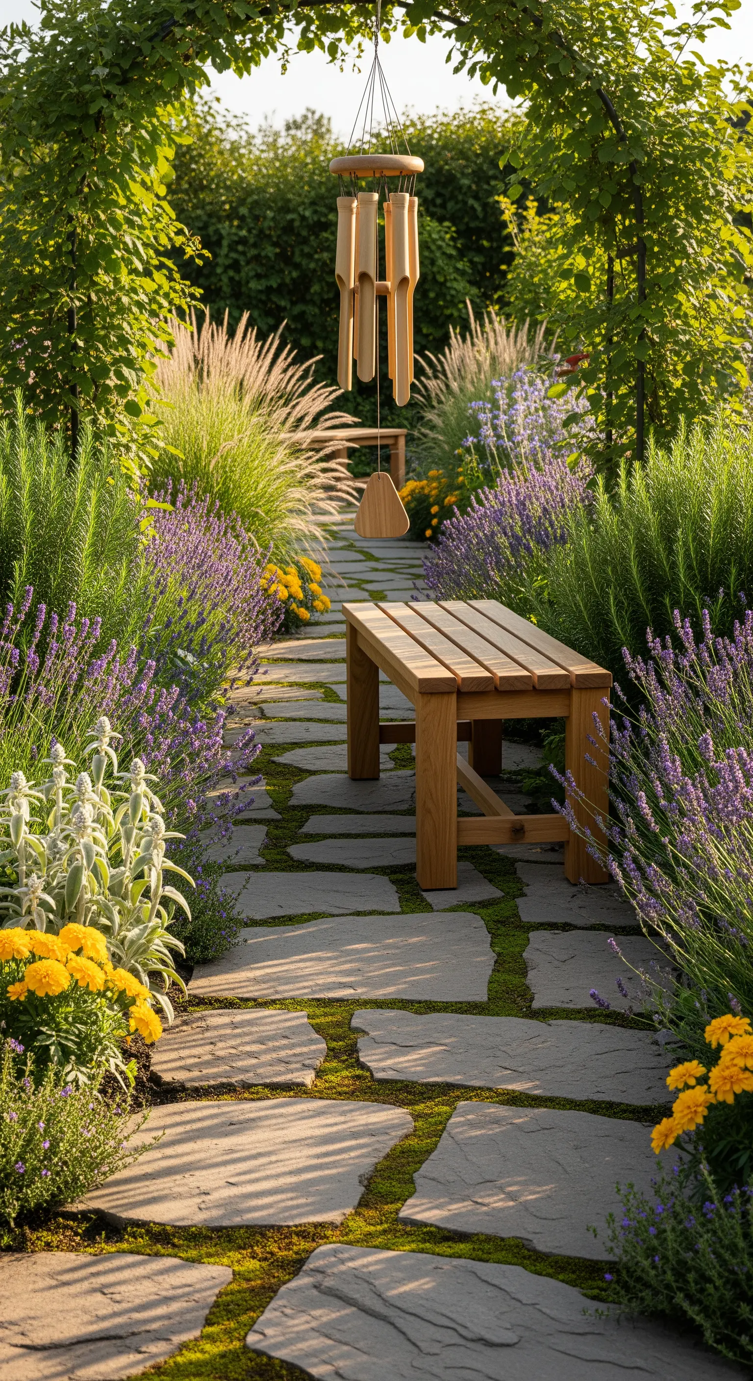 Bambus-Windspiel über Gartenbank