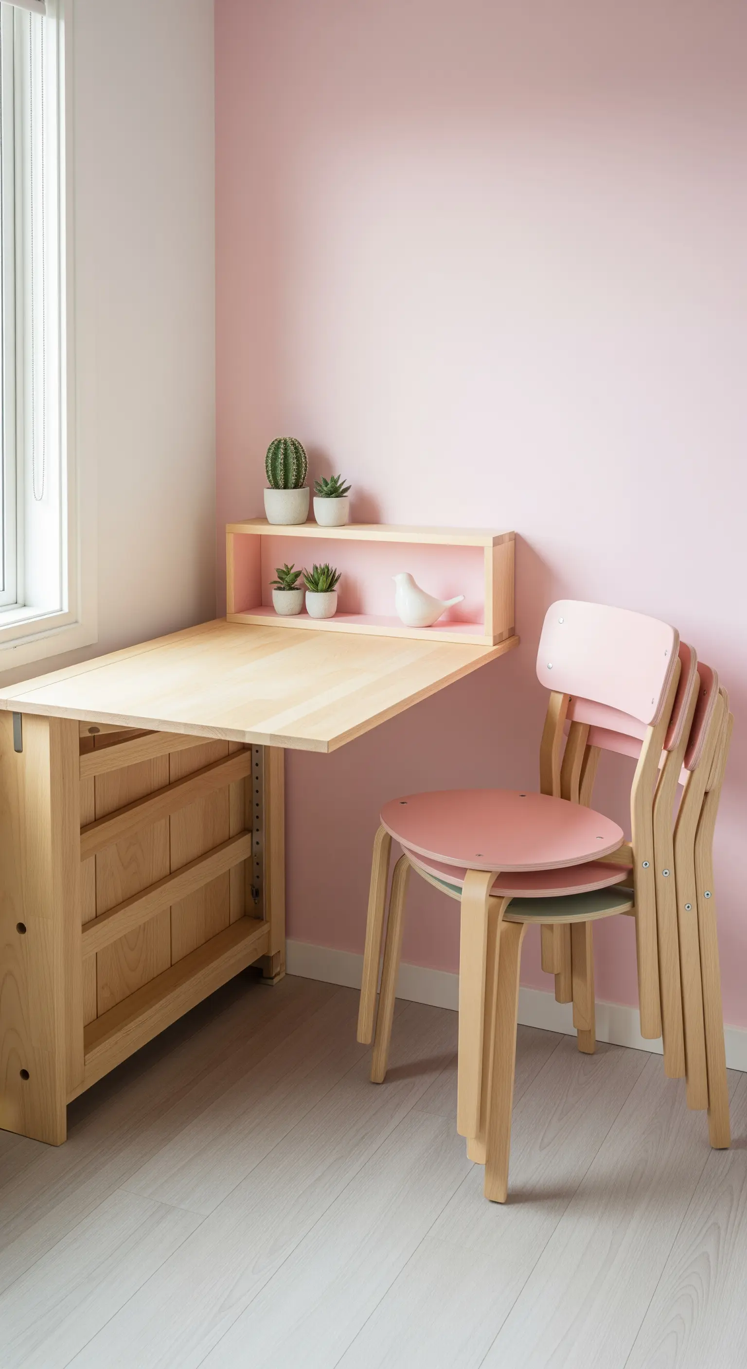 Ausklappbarer Holztisch an rosa Wand