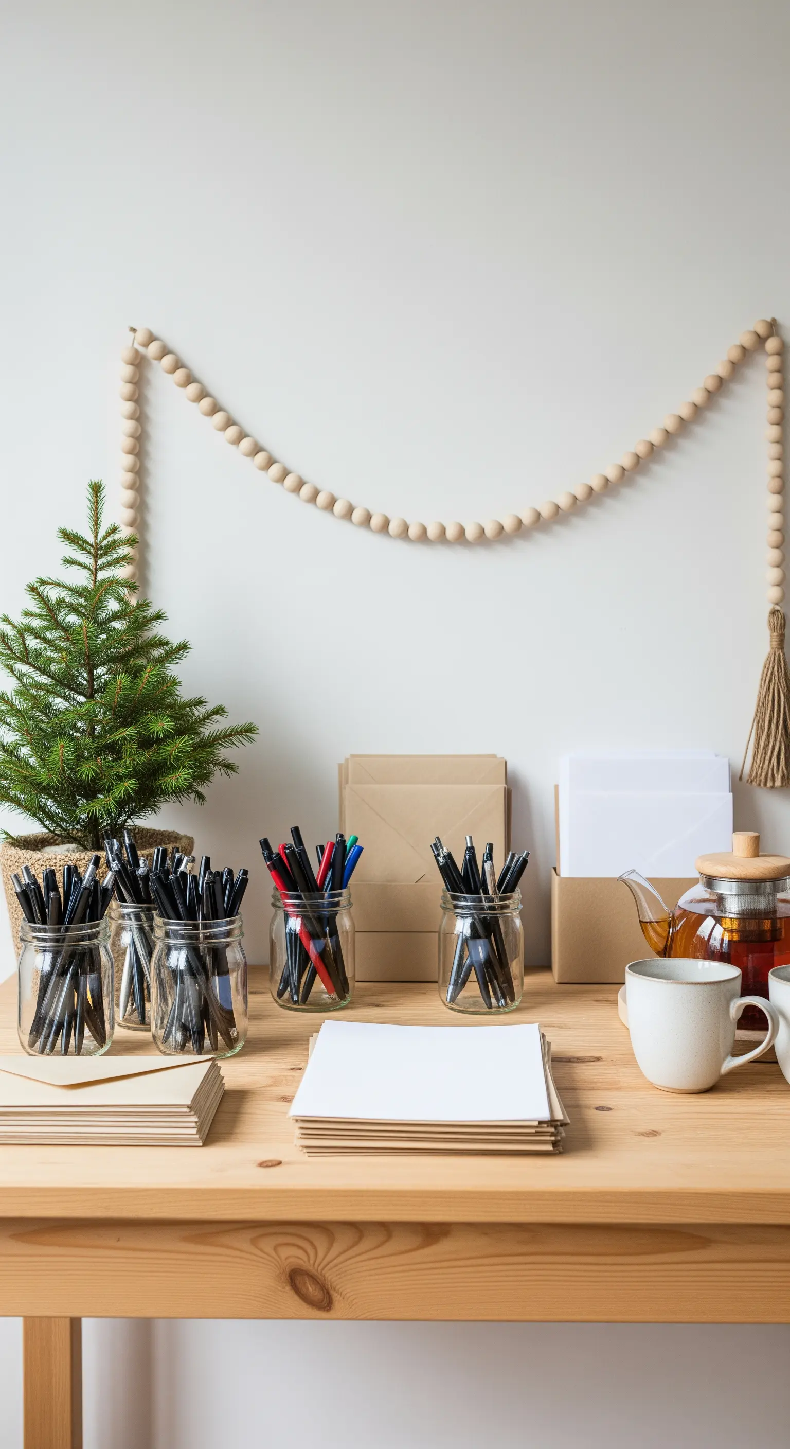 Aufgeräumter Schreibtisch mit Holzperlen-Deko