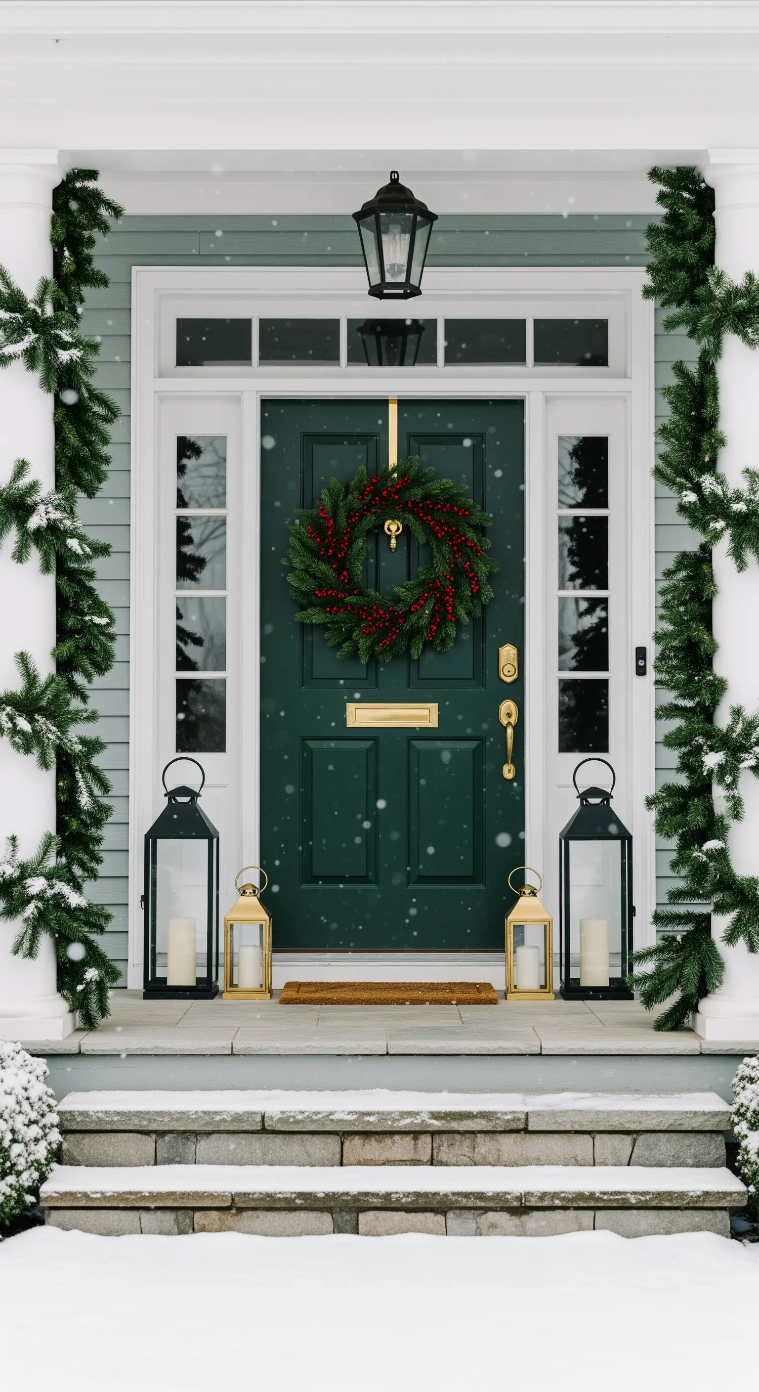 Grüne Tür im Schnee mit rotem Beerenkranz