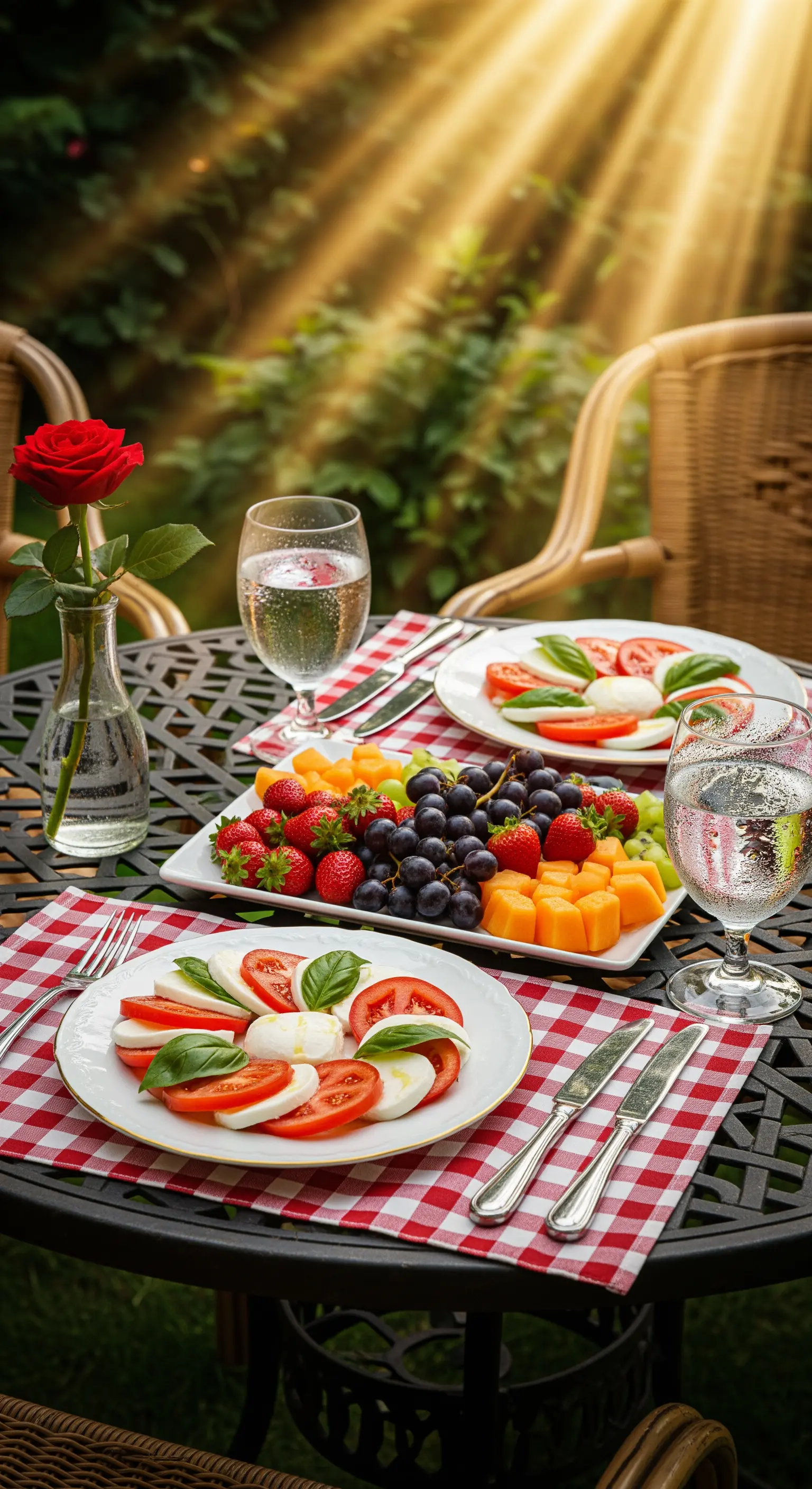Rot-weiß karierte Sets mit Caprese Salat und Rose