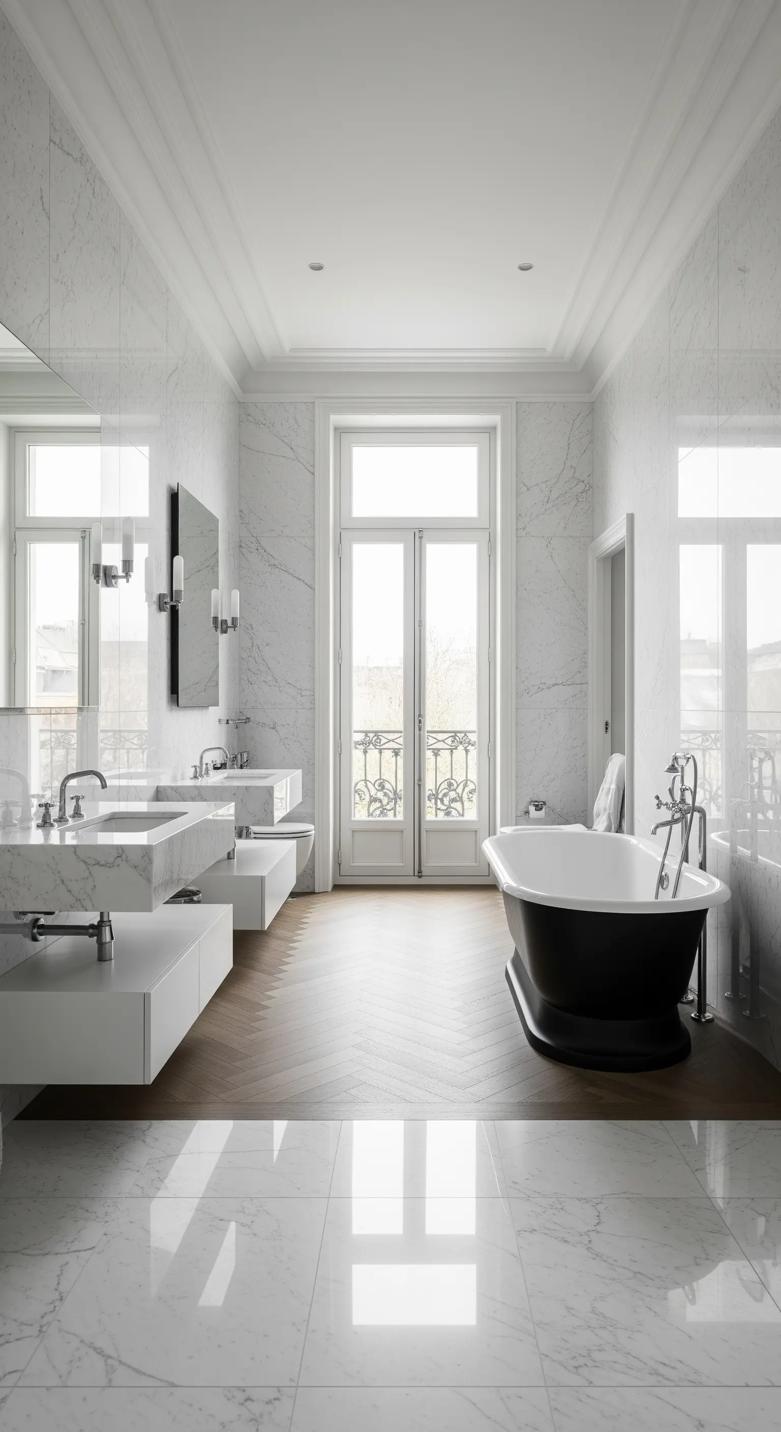 Klassisches Bad mit Marmorwänden und Fischgrät-Holzboden