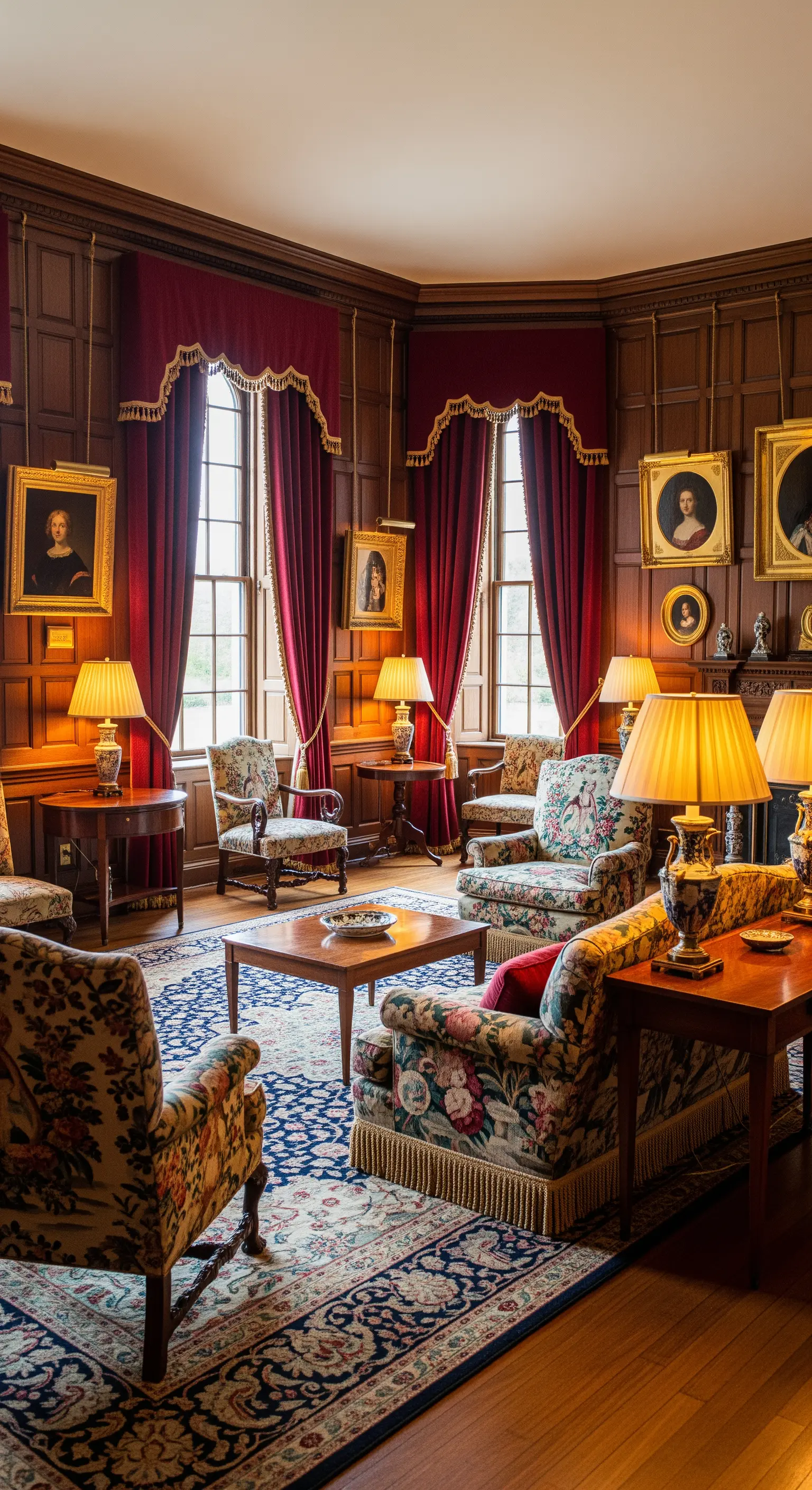 Holzvertäfeltes Wohnzimmer mit floralen Sesseln und rotem Vorhang