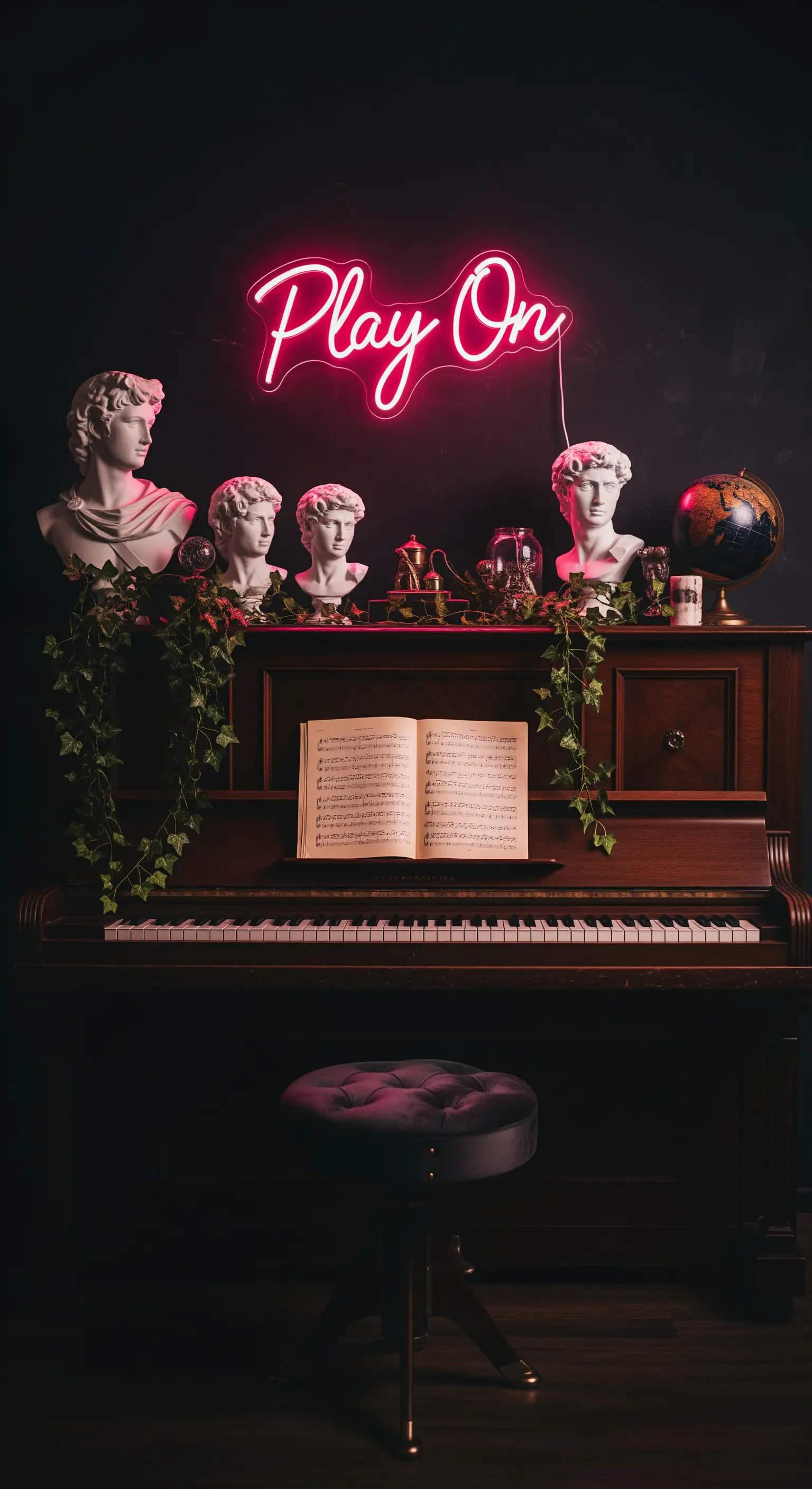 Klavier mit Gipsbüsten, Efeu und rotem Neonschild