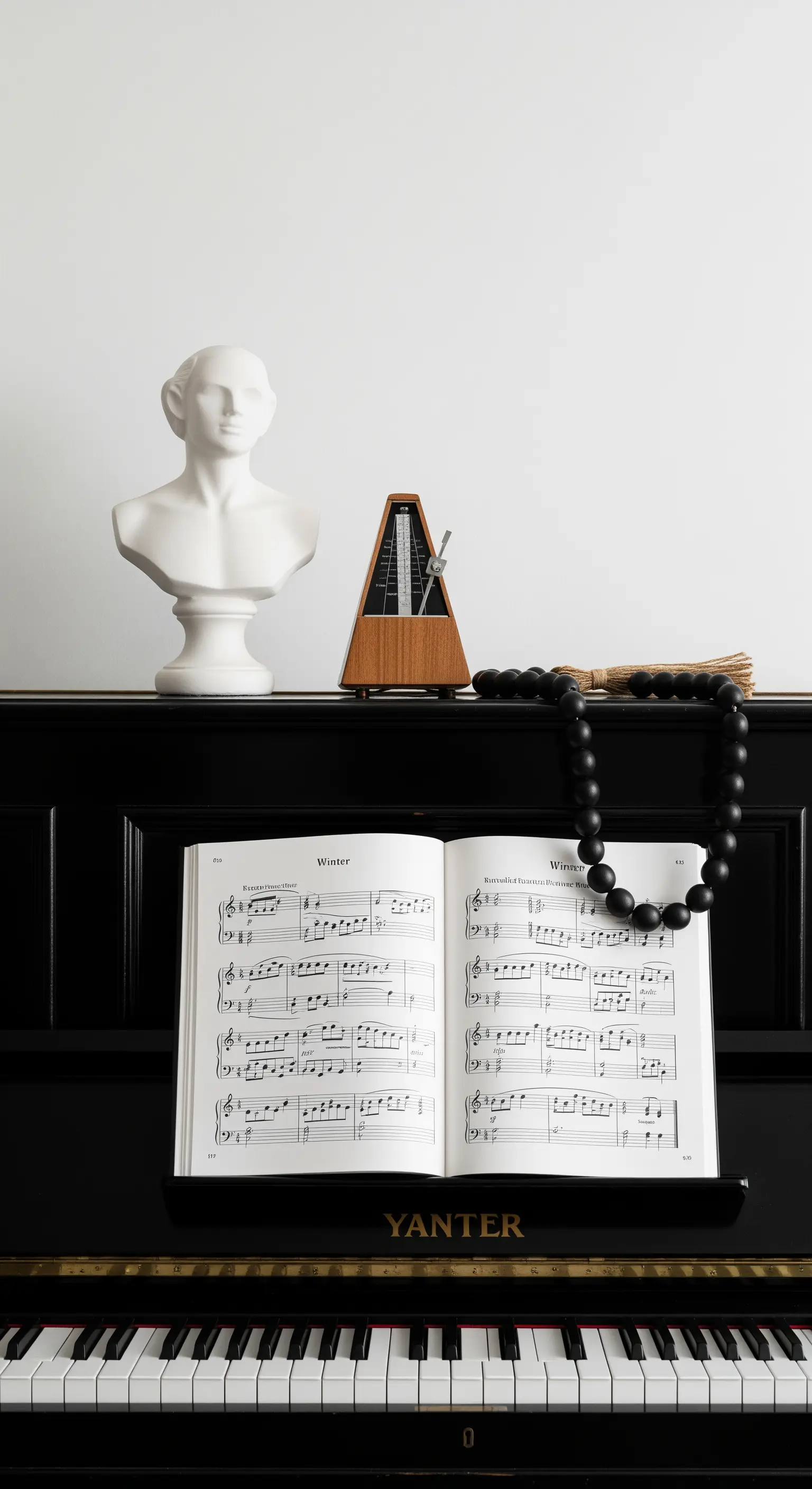 Schwarzes Klavier mit weißer Büste, Metronom und schwarzer Perlenkette