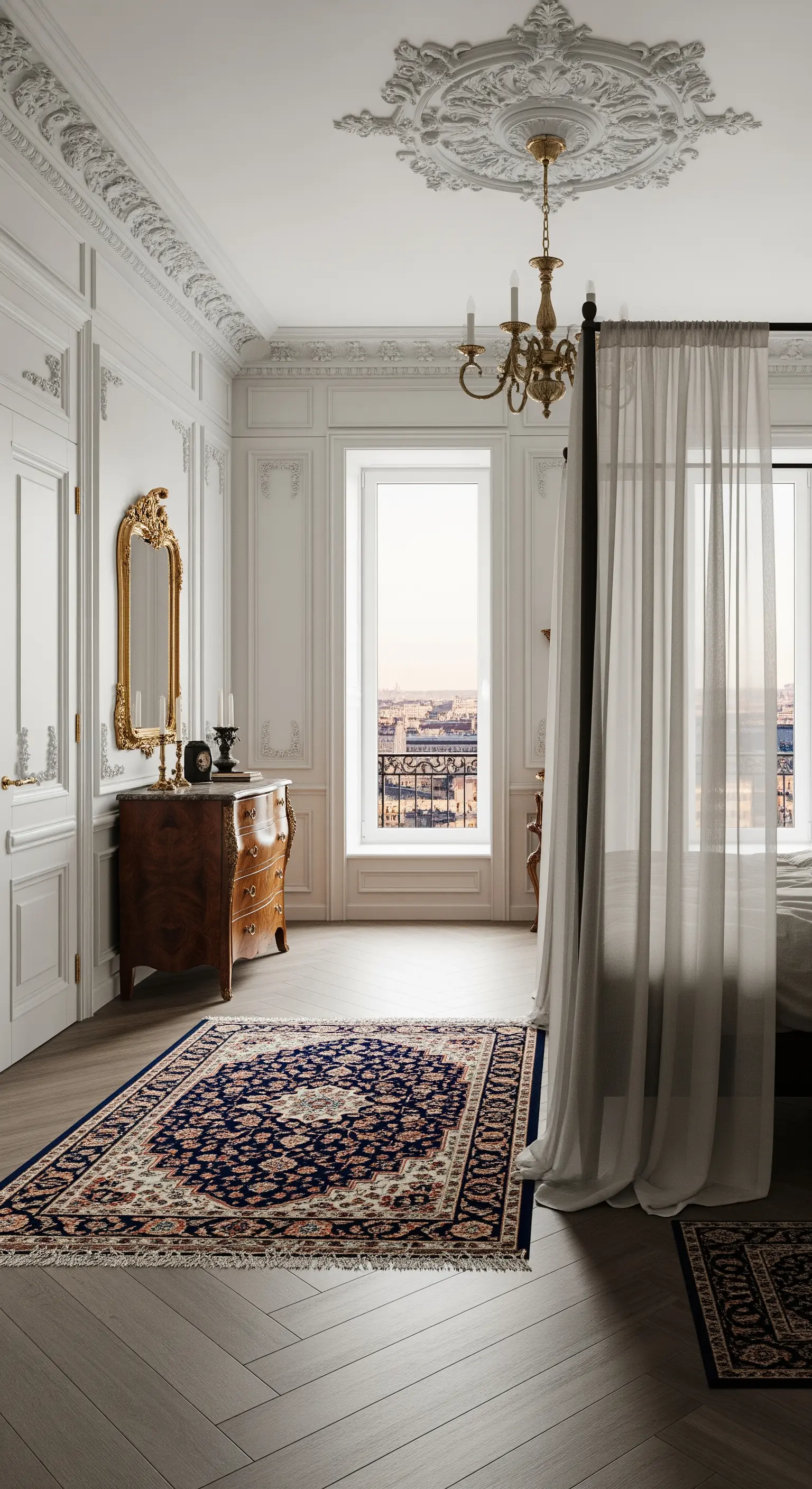 Klassisches Schlafzimmer mit Stuckdecke, Himmelbett und Orientteppich