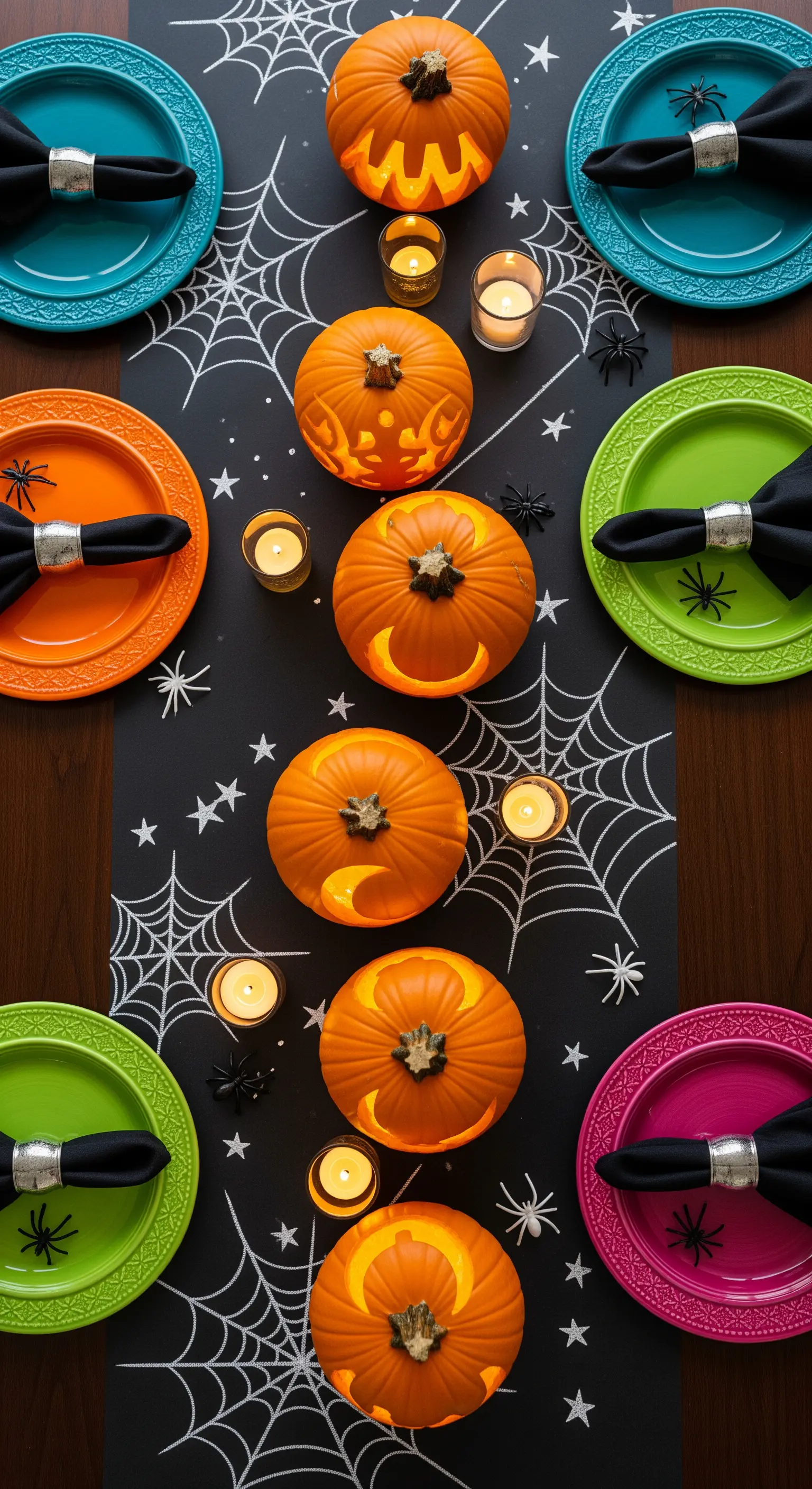 Geschnitzte Kürbisse auf schwarzem Läufer mit Spinnennetz-Muster
