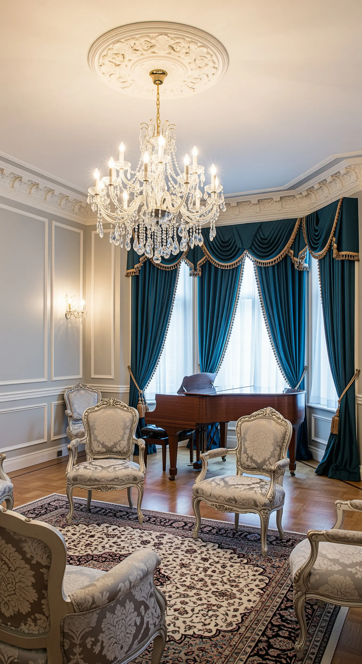 Klassisches Wohnzimmer mit blauen Vorhängen und Klavier