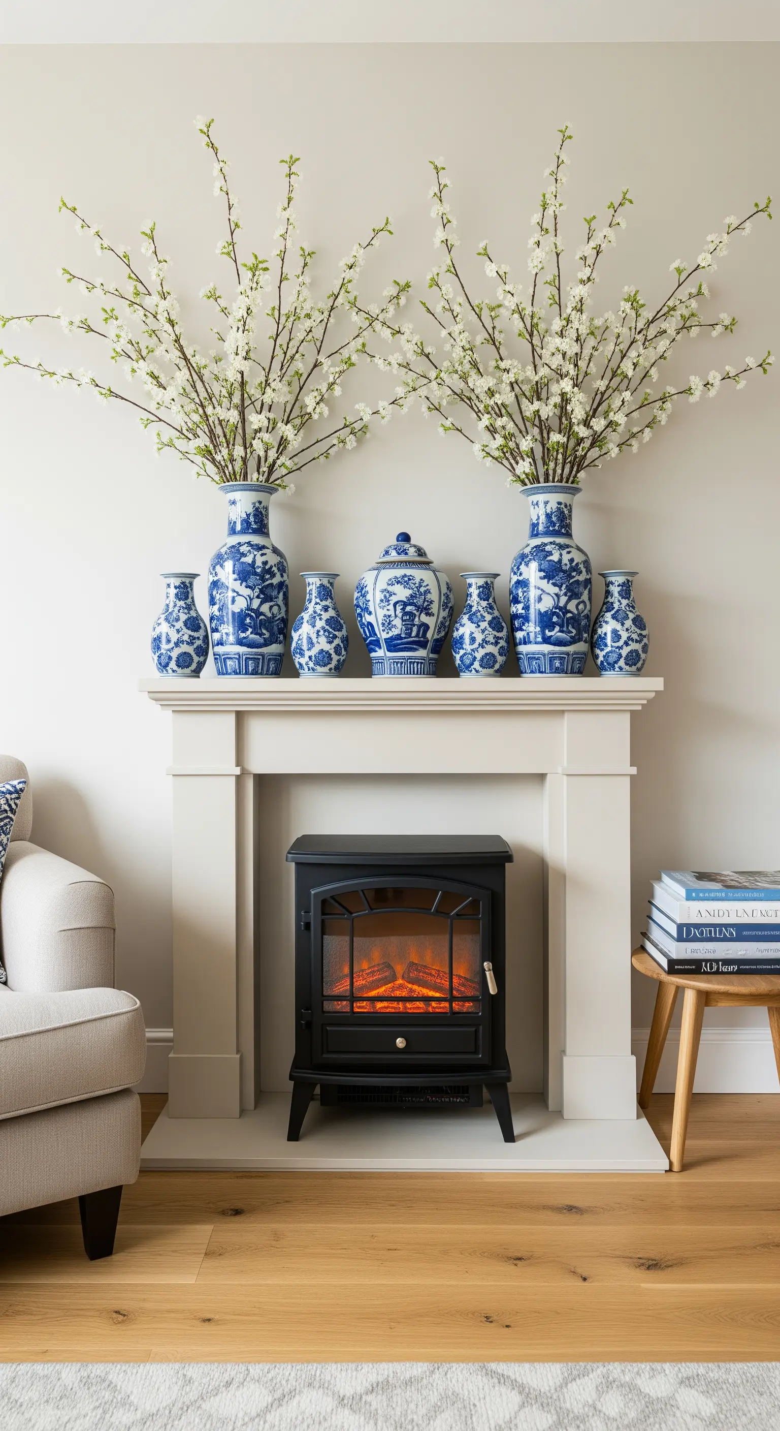 Blau-weiße Porzellanvasen mit weißen Blütenzweigen