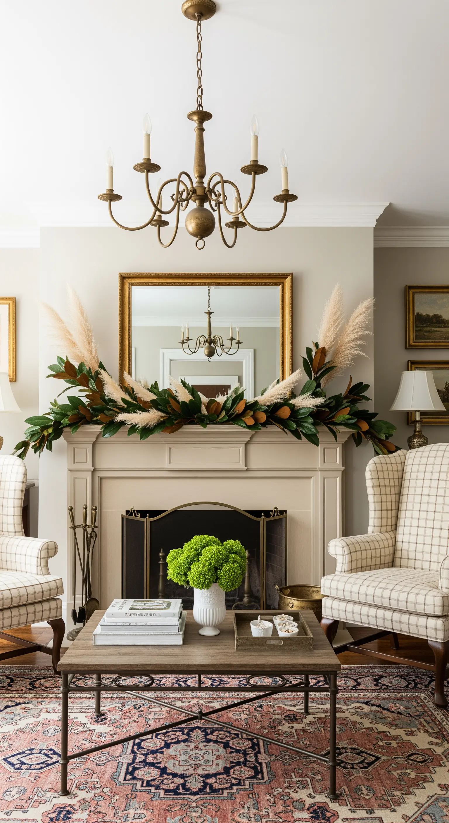 Kamin mit Magnolien und Pampas Girlande