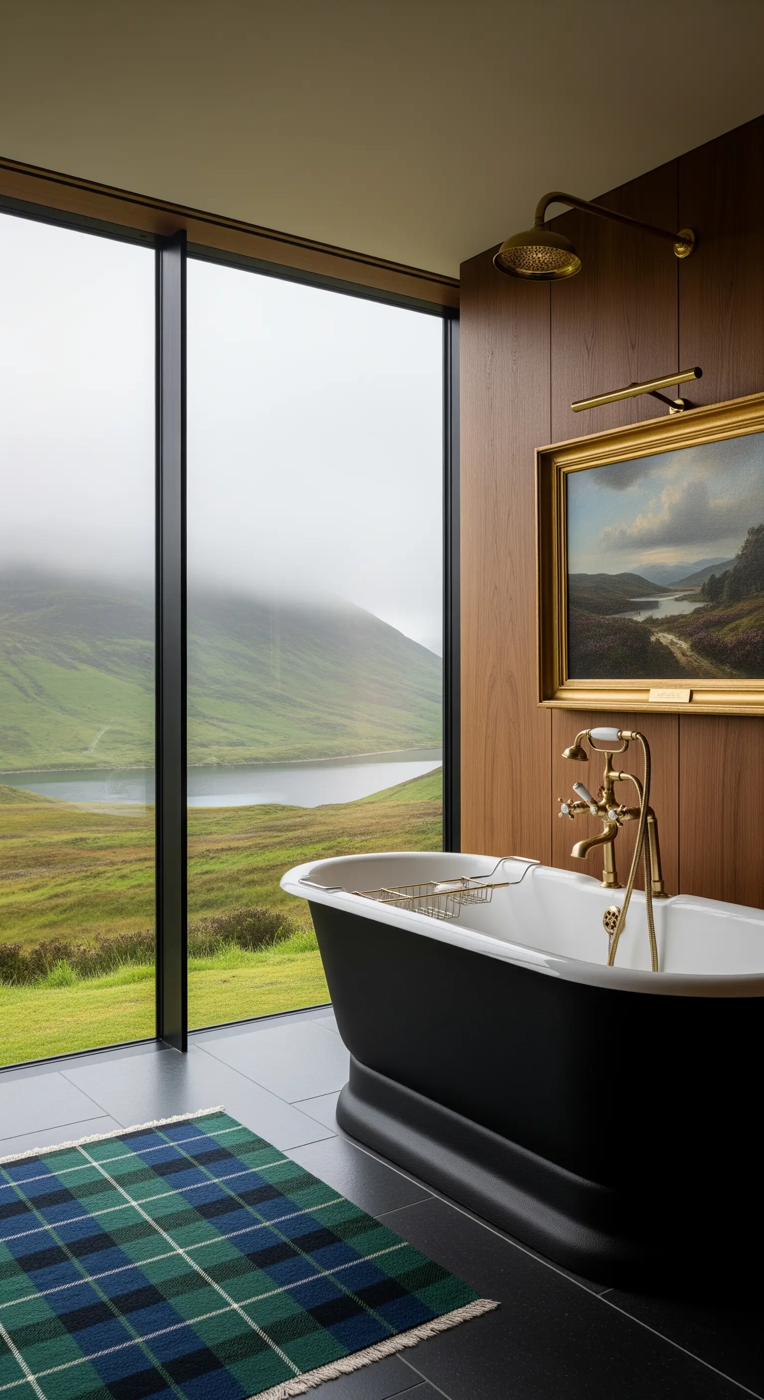 Edles Bad mit Holzvertäfelung, Gemälde und Blick auf schottischen See