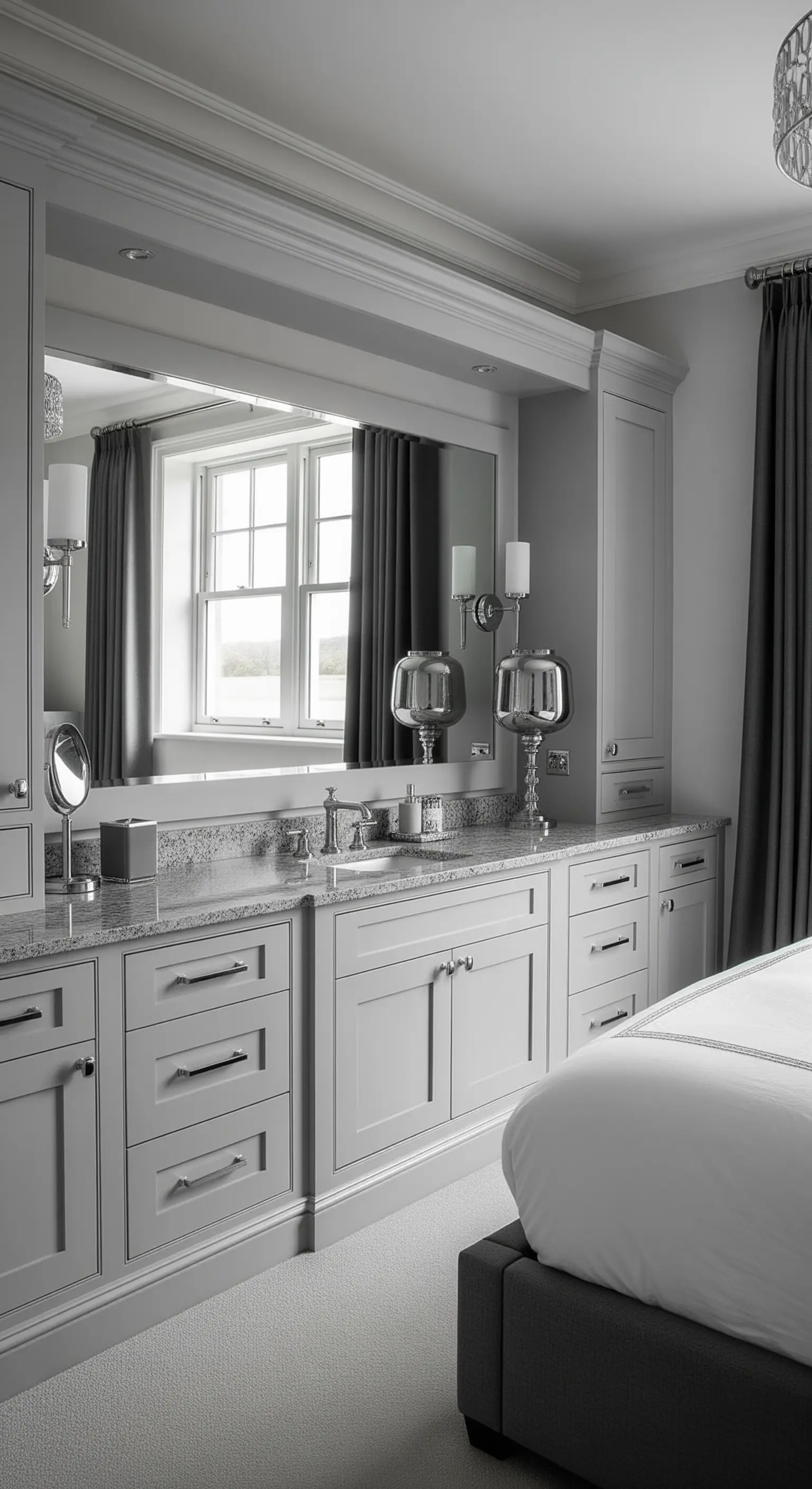 Graue Einbaukommode als Schminktisch mit großem Spiegel