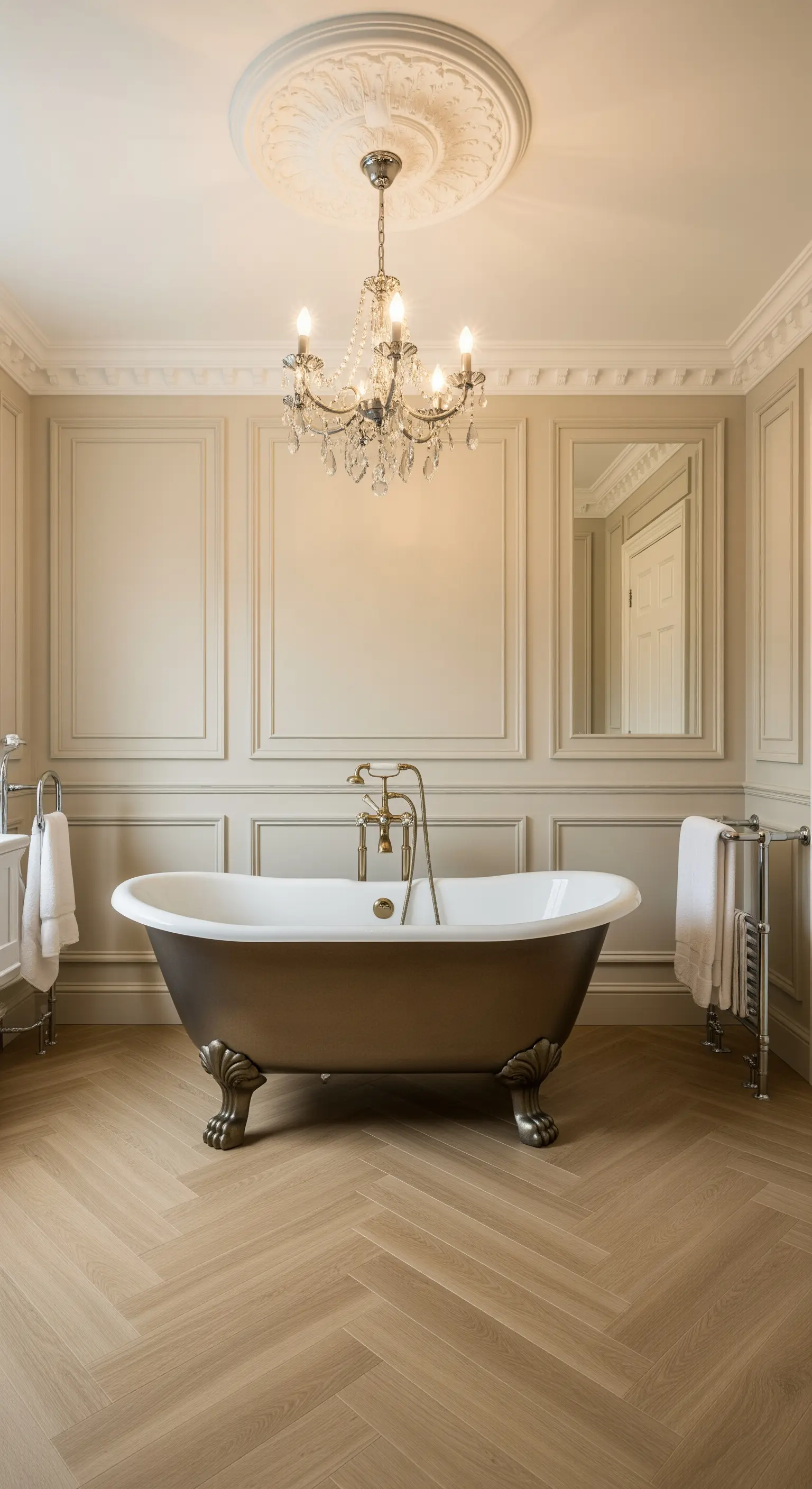 Antiker Kronleuchter über dunkler Badewanne in beigem Raum