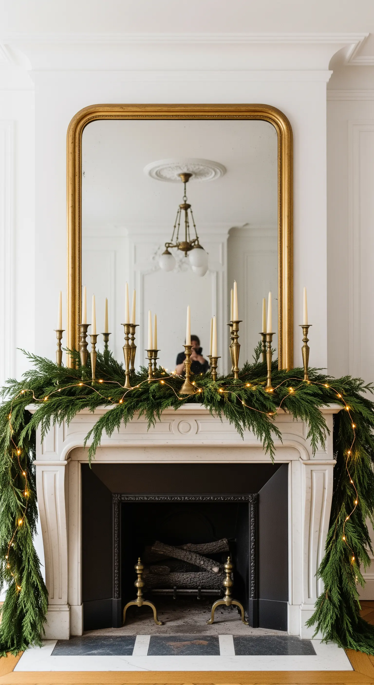 Weihnachtliche Kamindeko mit vielen Kerzen und Goldspiegel