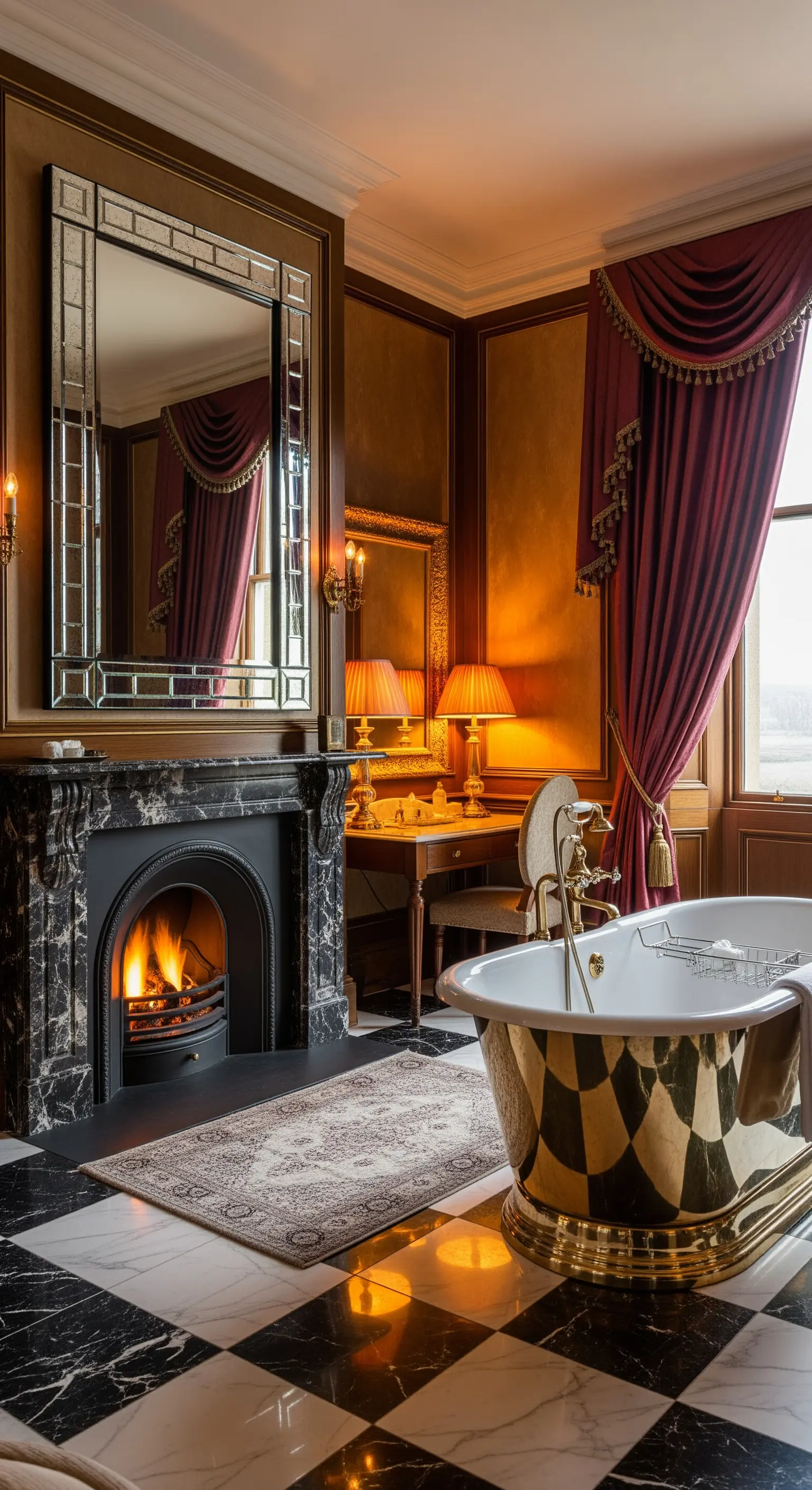 Bad im viktorianischen Stil mit Schachbrettboden, Goldwanne und Kamin