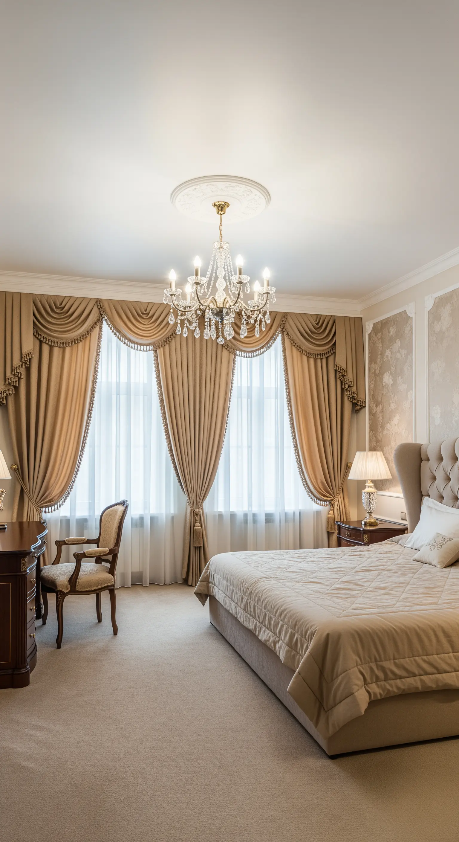 Klassisches Schlafzimmer beige Vorhänge Licht