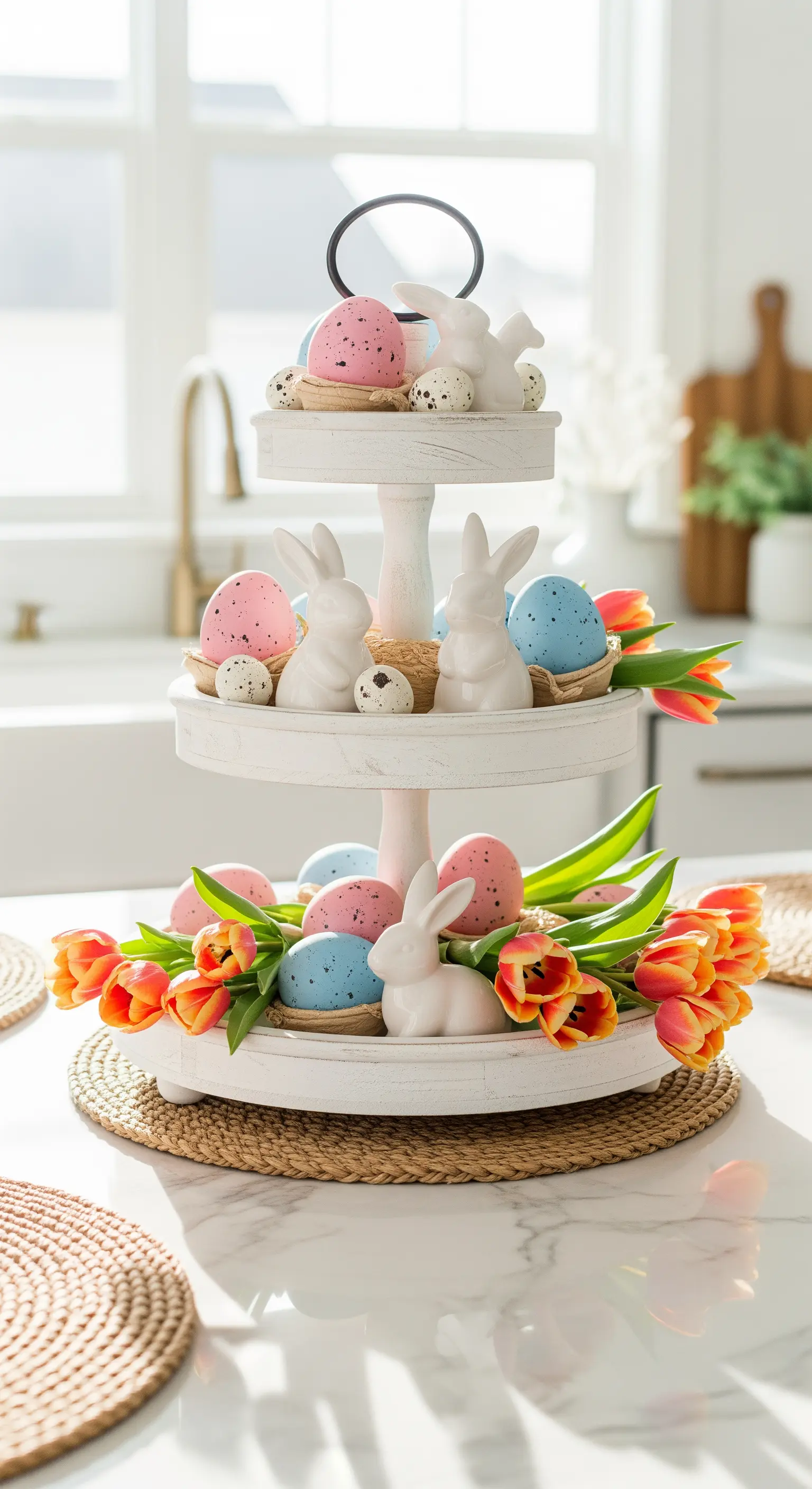 Weiße Holz-Etagere mit Tulpen und gesprenkelten Eiern