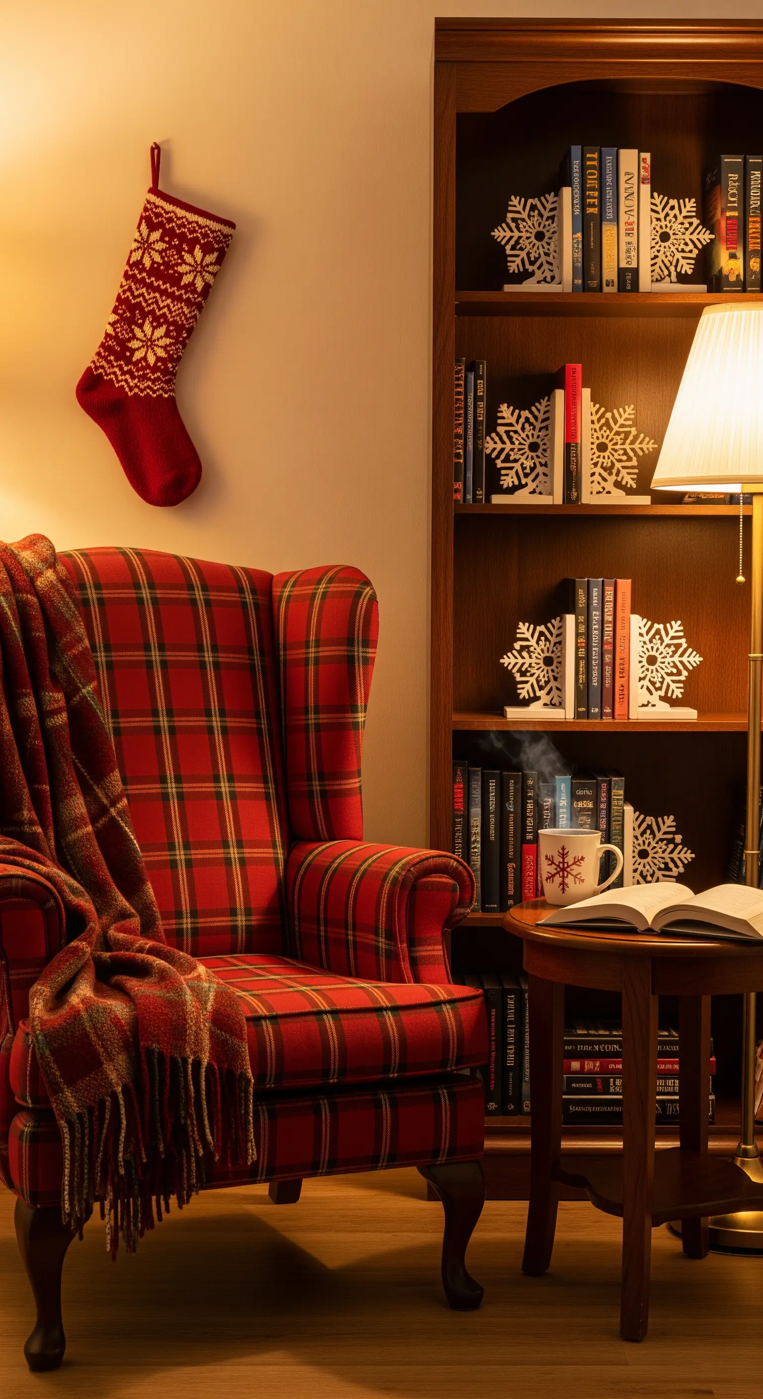 Roter Karo-Sessel neben Bücherregal mit weißen Deko-Schneeflocken