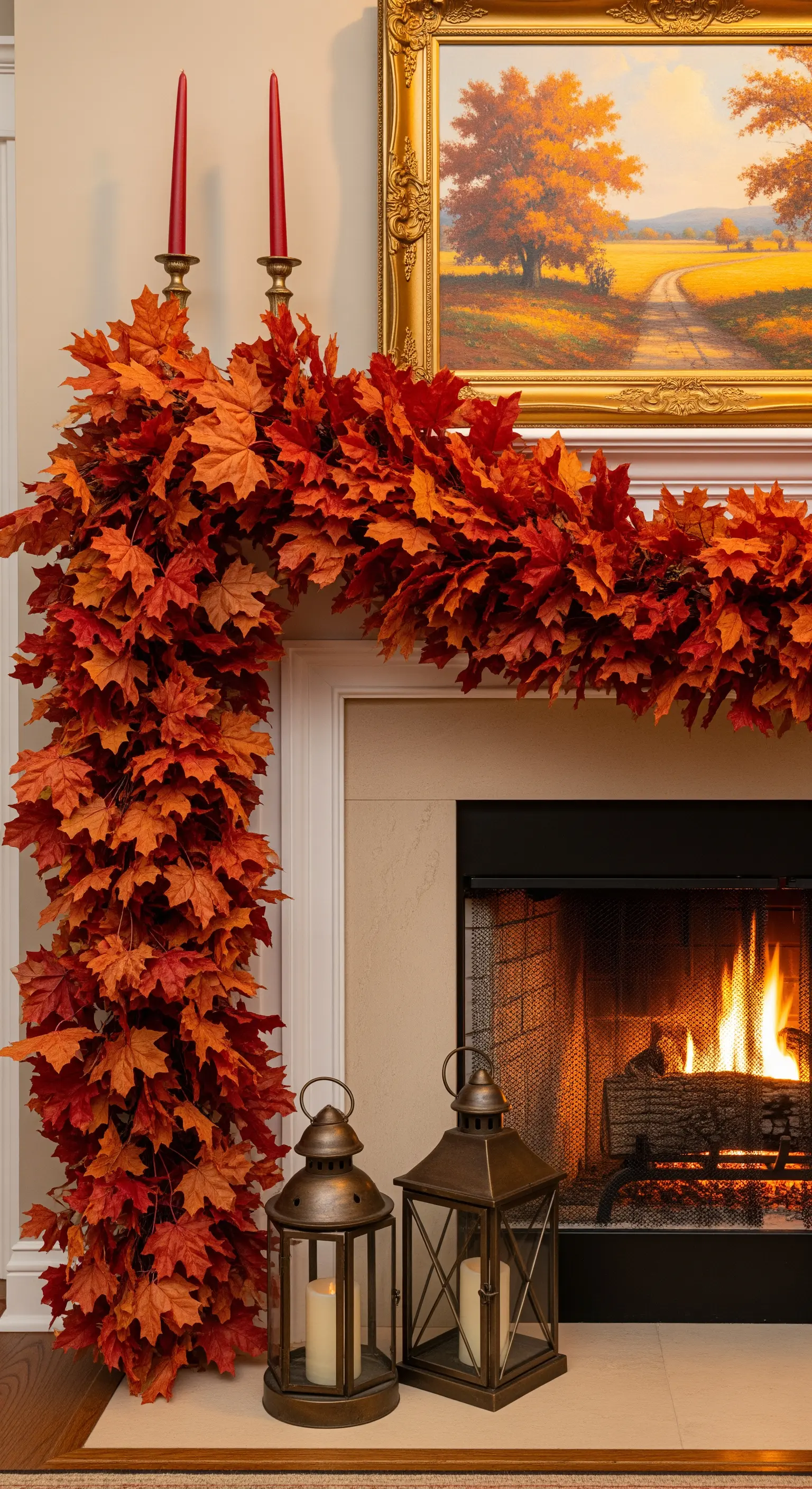 Üppige rote Herbstlaubgirlande asymmetrisch am Kamin